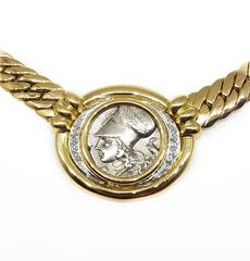 Athena and Pegasus Diamond Silver Gold Coin Necklace