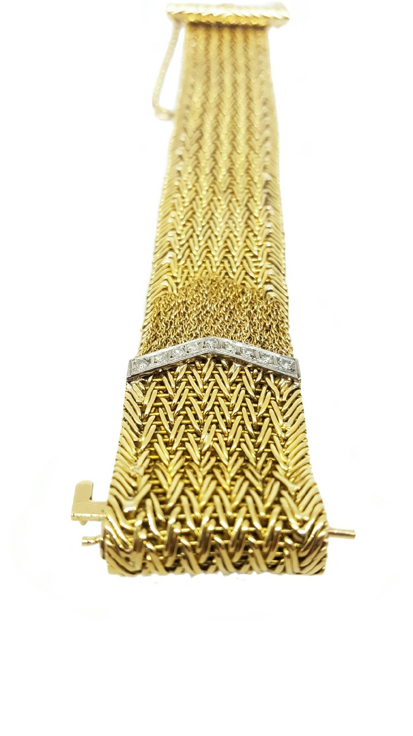 Large 1950's Retro Gold and Diamond Mesh Buckle Bracelet In Good Condition In Lake Forest, IL