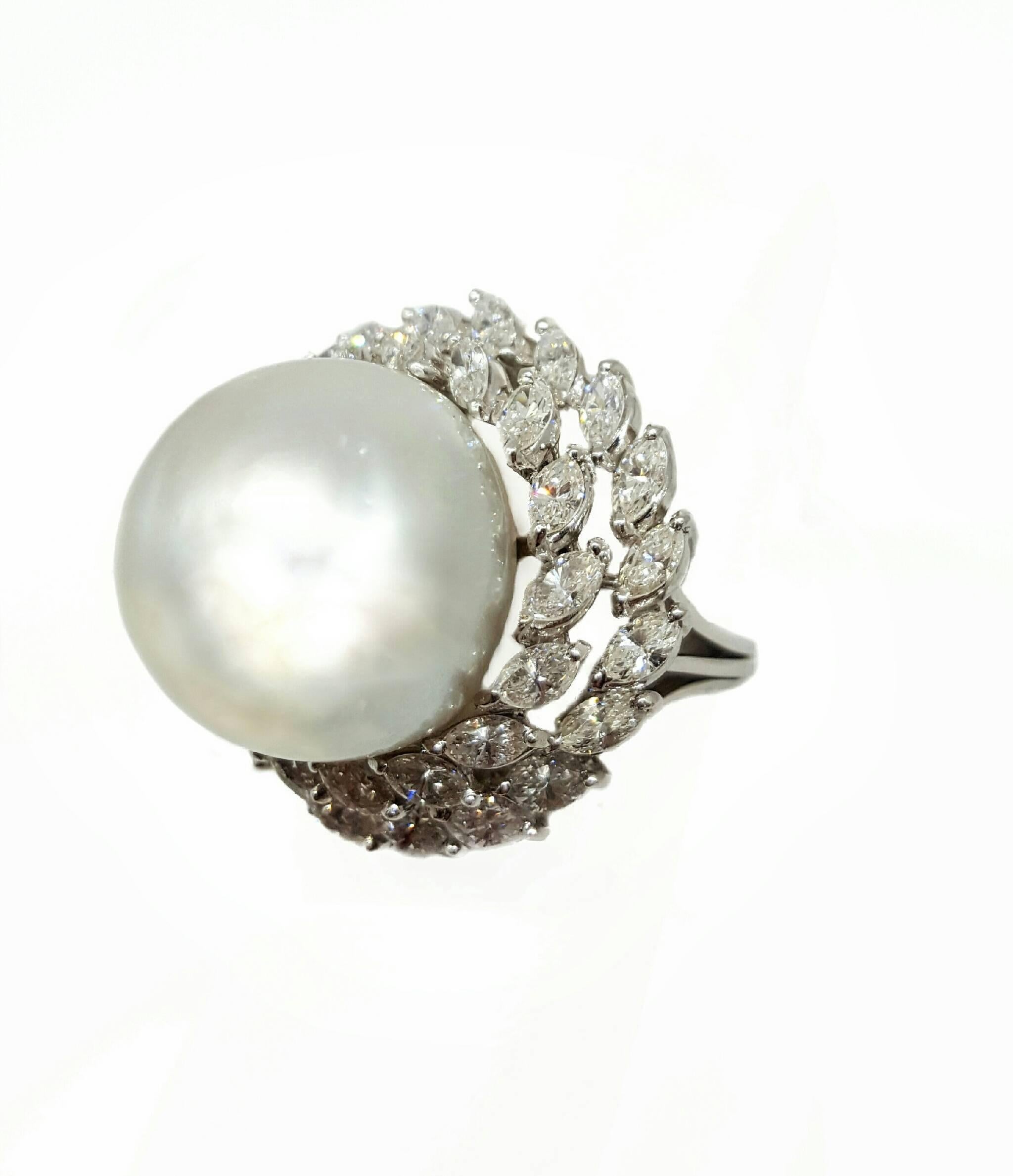 Marquise Cut Huge 16.5mm Pearl and Diamond Platinum Statement Ring