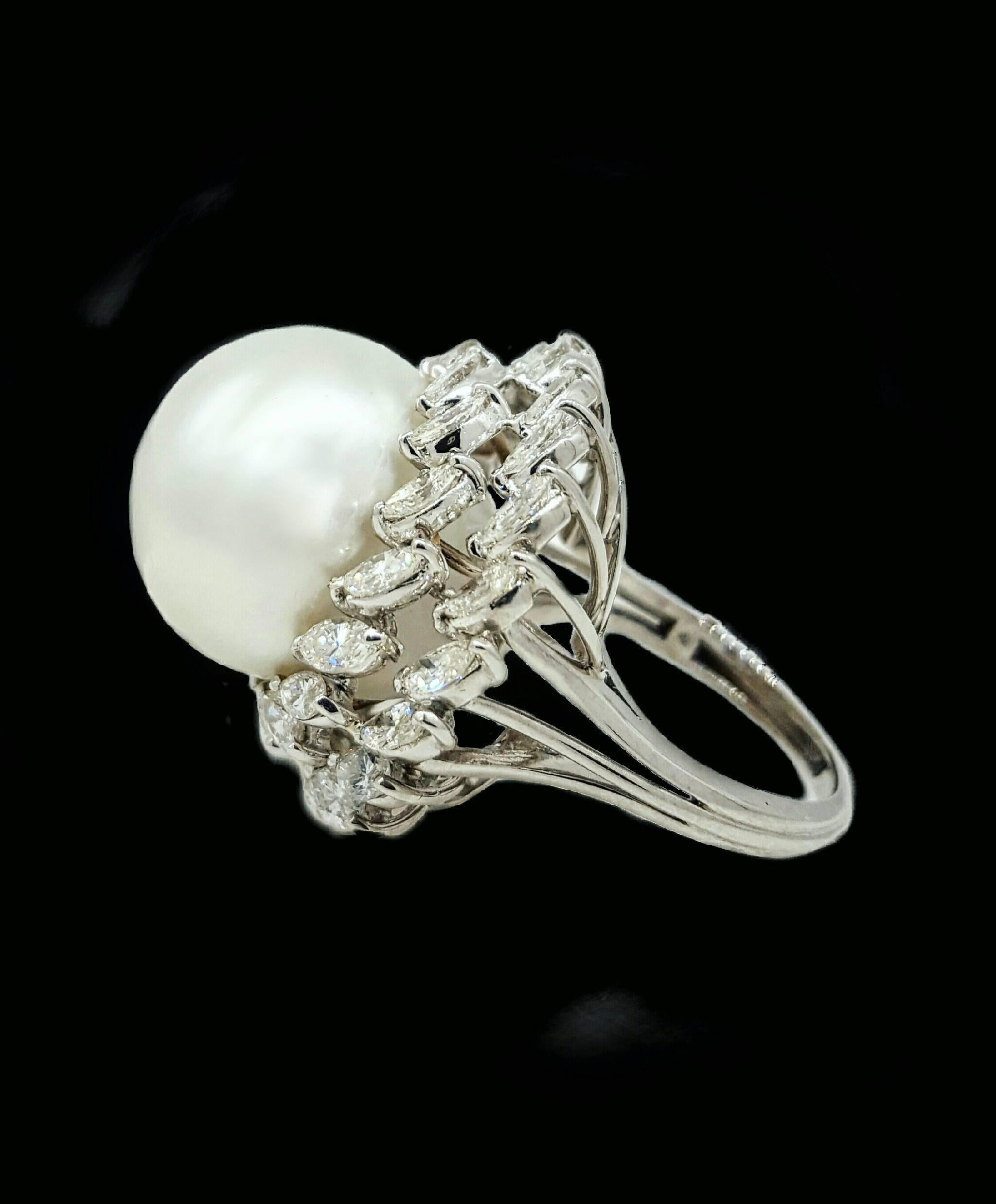 Huge 16.5mm Pearl and Diamond Platinum Statement Ring In Good Condition In Lake Forest, IL