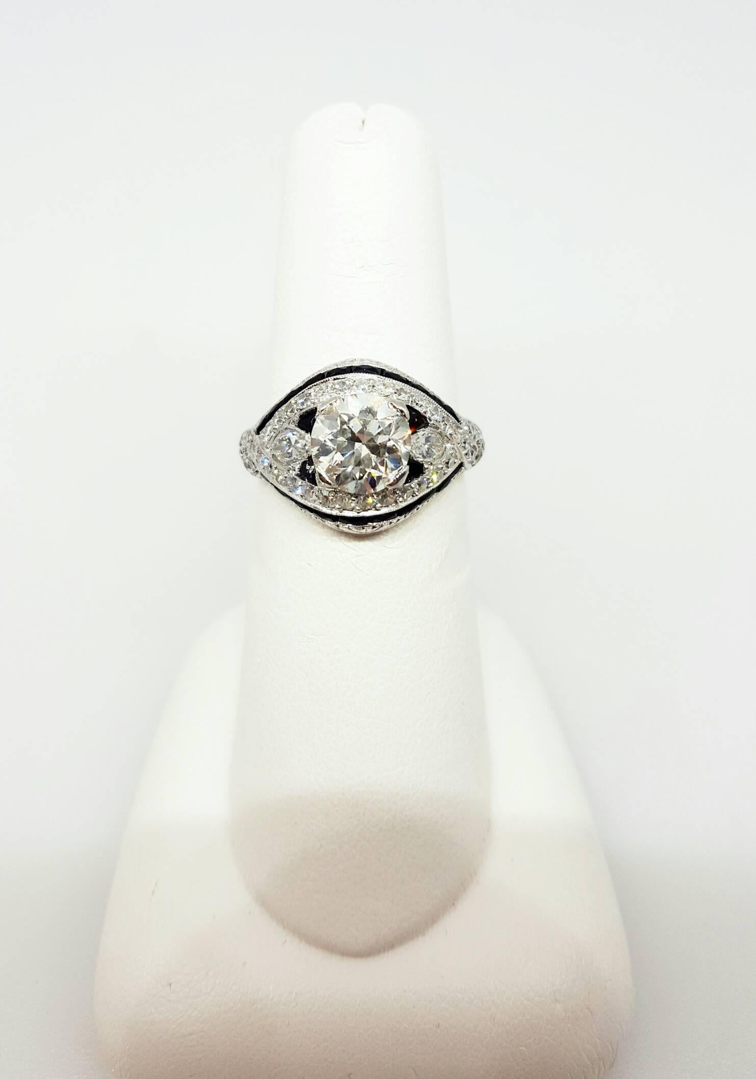 Art Deco Onyx Diamond Platinum Engagement Ring In Excellent Condition In Lake Forest, IL