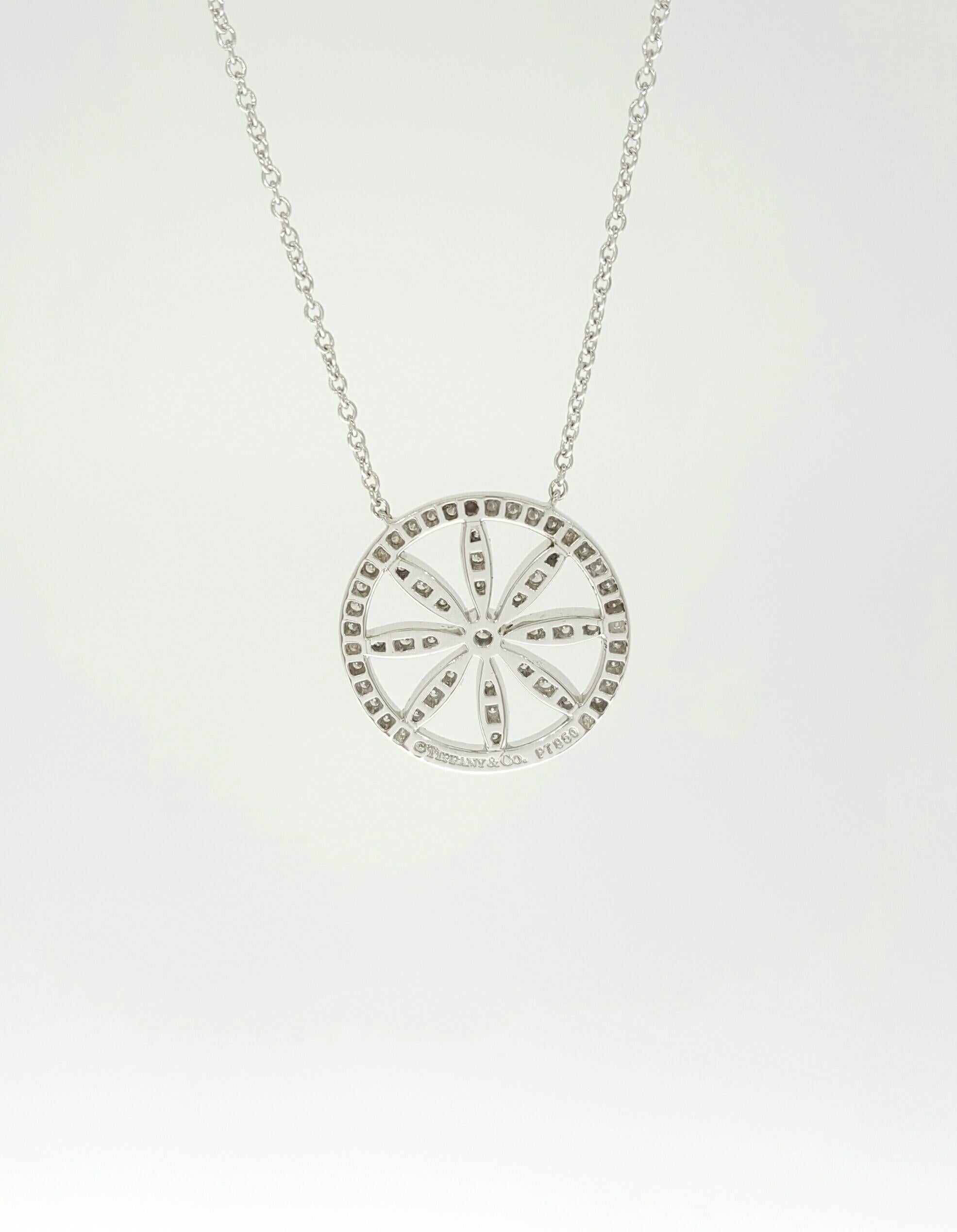 Tiffany & Co. Diamond Platinum Circle Flower Pendant Necklace In Excellent Condition In Lake Forest, IL