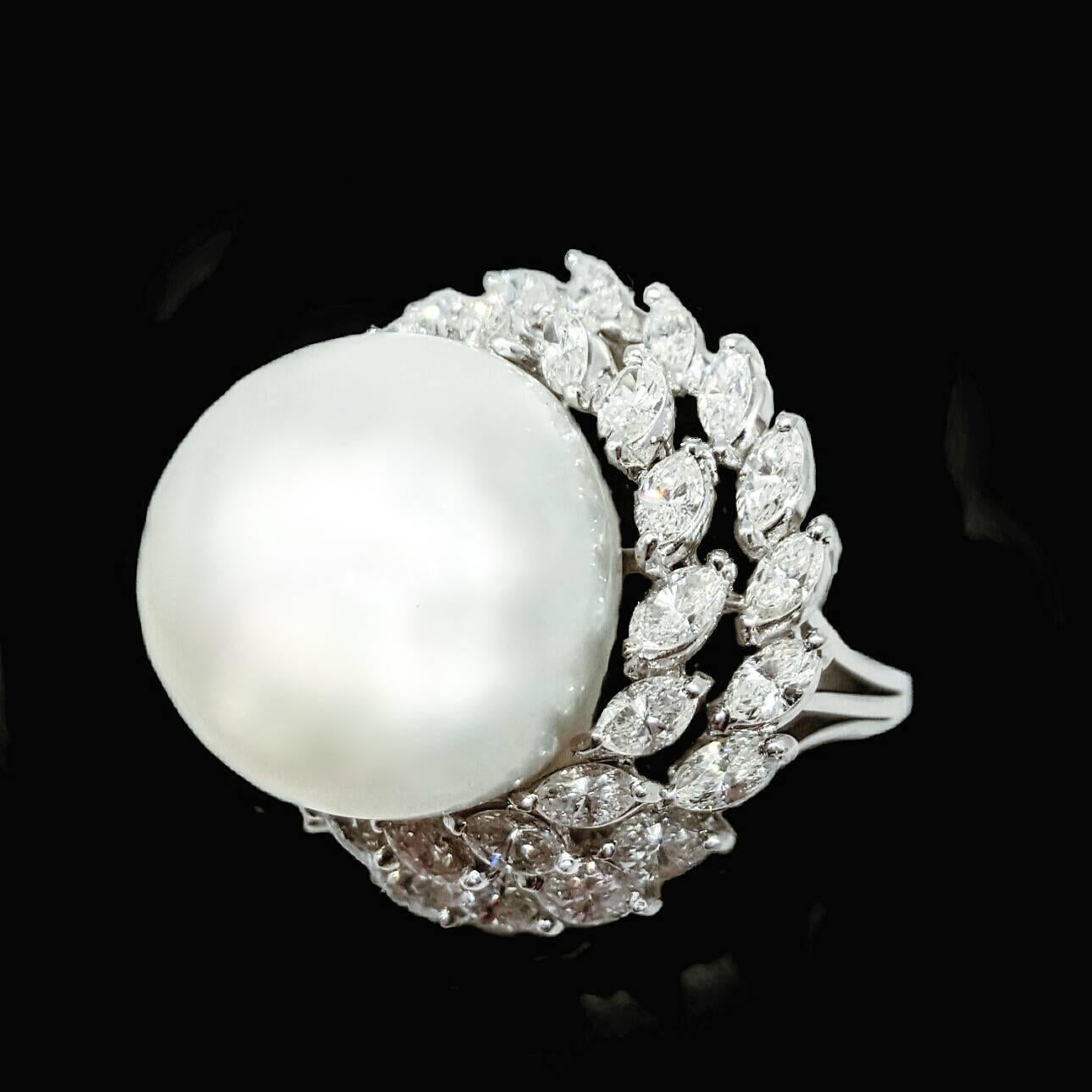 Women's Huge 16.5mm Pearl and Diamond Platinum Statement Ring