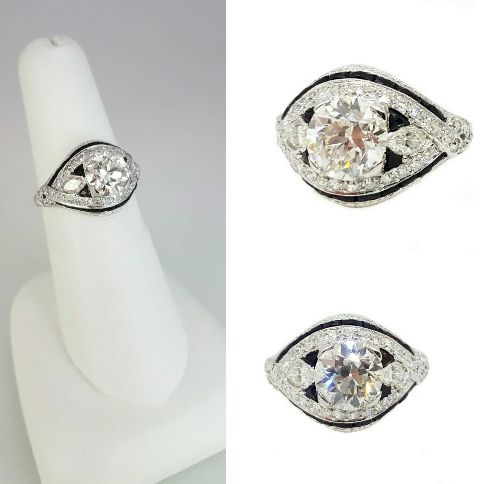 Art Deco Onyx Diamond Platinum Engagement Ring 1