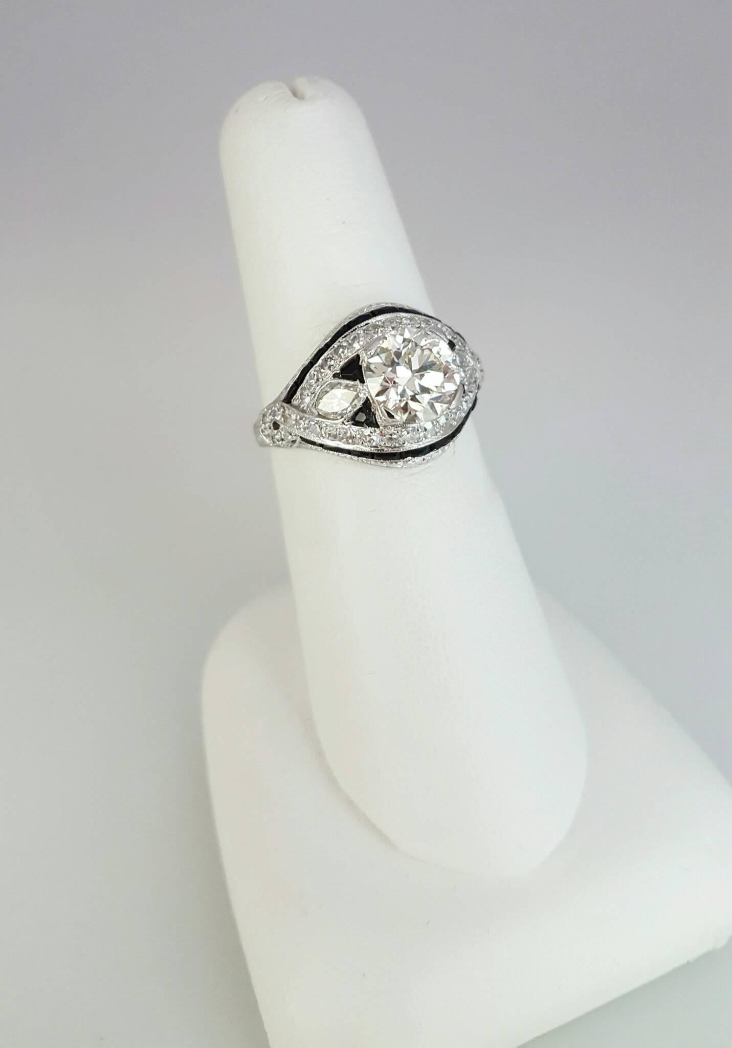 Women's Art Deco Onyx Diamond Platinum Engagement Ring