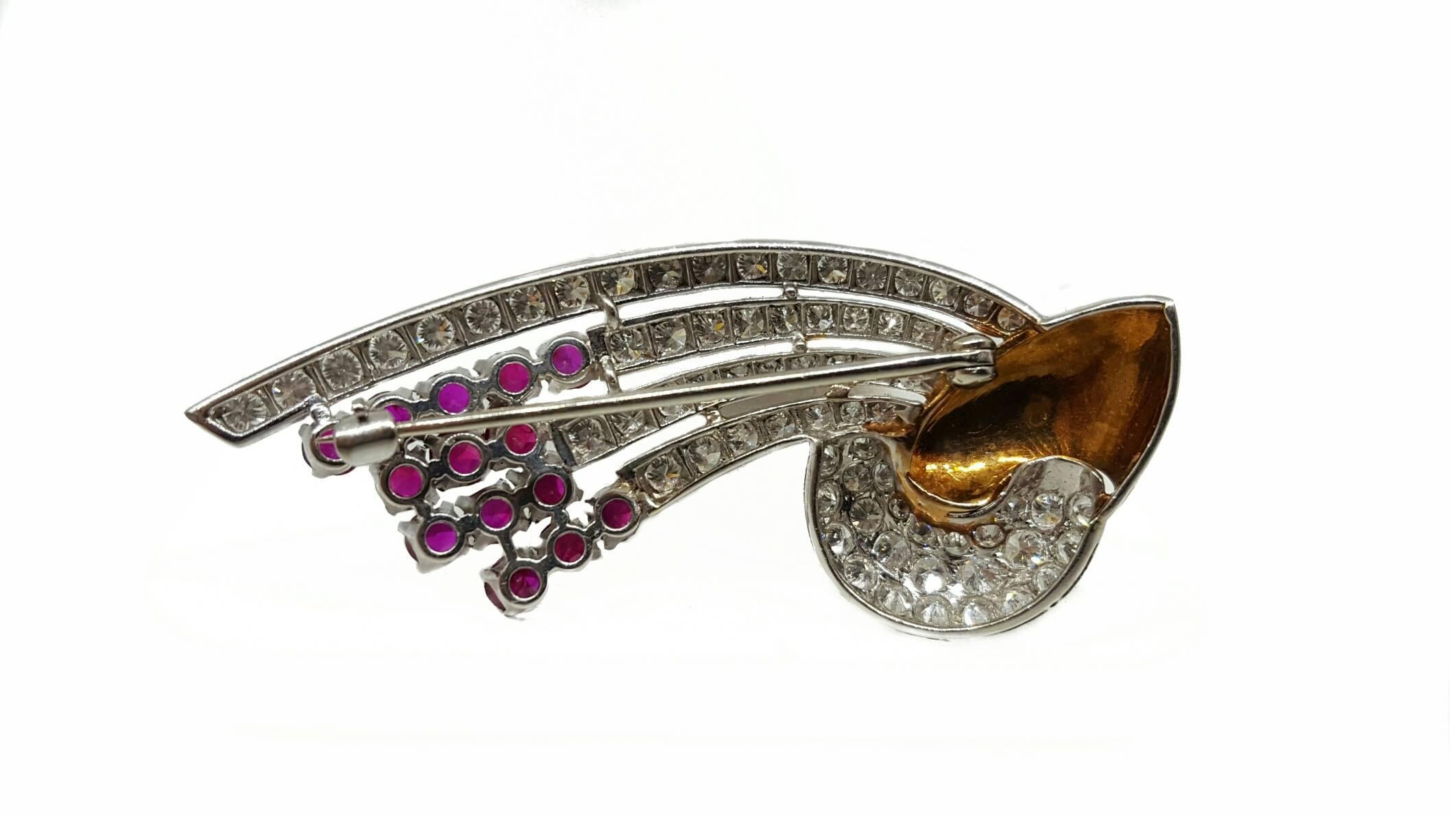 Mid-Century Diamond Ruby Gold Brooch In Excellent Condition In Lake Forest, IL