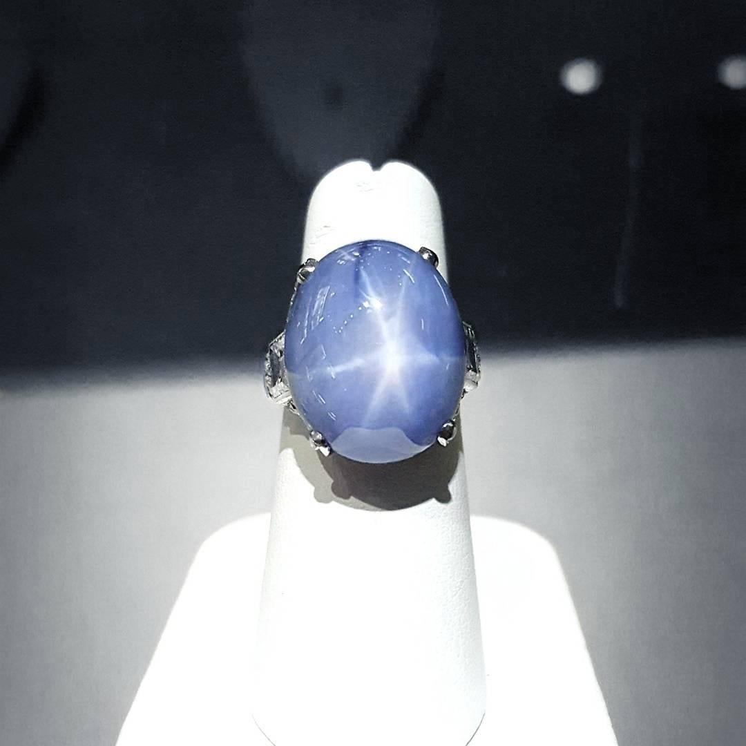 Art Deco 39.71 Carat Star Sapphire Diamond Cocktail Ring In Excellent Condition In Lake Forest, IL