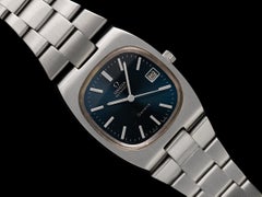 1977 Omega Geneve Vintage Mens Automatic Bracelet Smoked Sapphire Dial Watch, SS