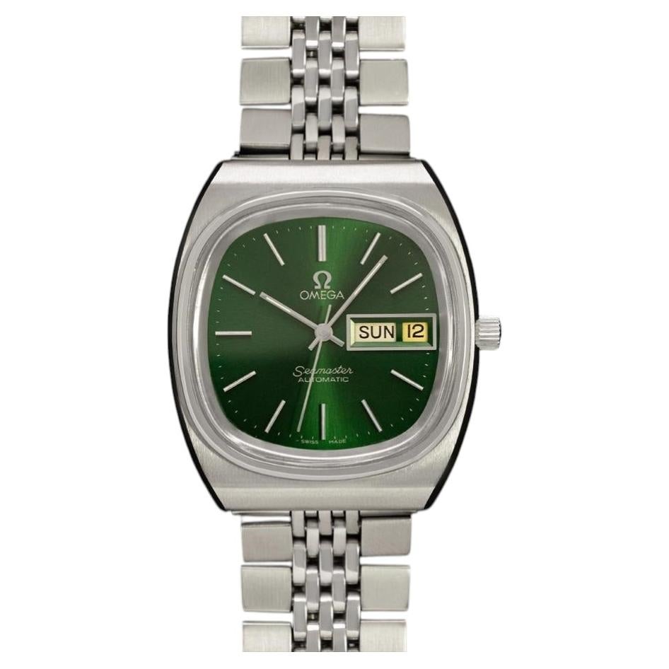 1981 Omega Seamaster Vintage Mens Bracelet Automatic Day Date Emerald Green - SS