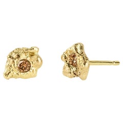 Lava Umber Brown Diamond Organic 18k Gold Stud Earrings