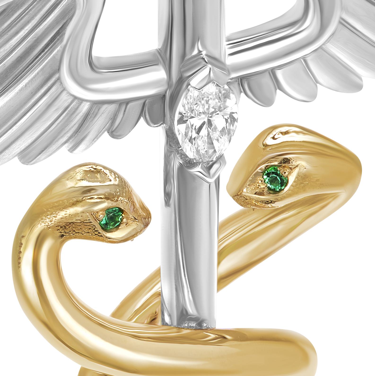 Neogreco Caduceo di HermesPendente, oro bianco e giallo 18 carati, smeraldi e diamanti in vendita