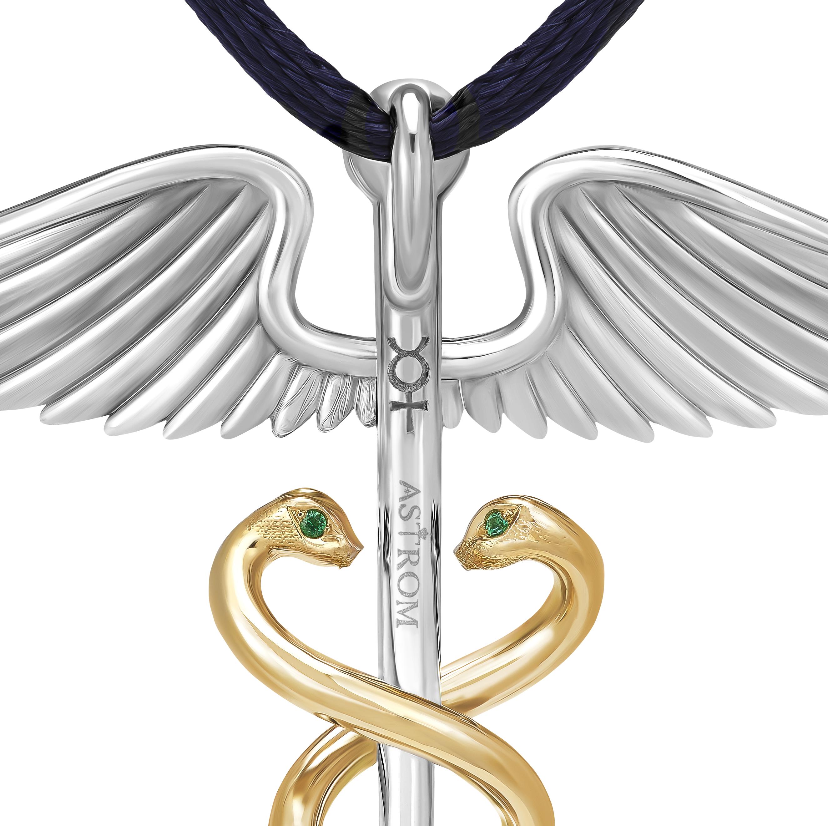 Taglio brillante Caduceo di HermesPendente, oro bianco e giallo 18 carati, smeraldi e diamanti in vendita