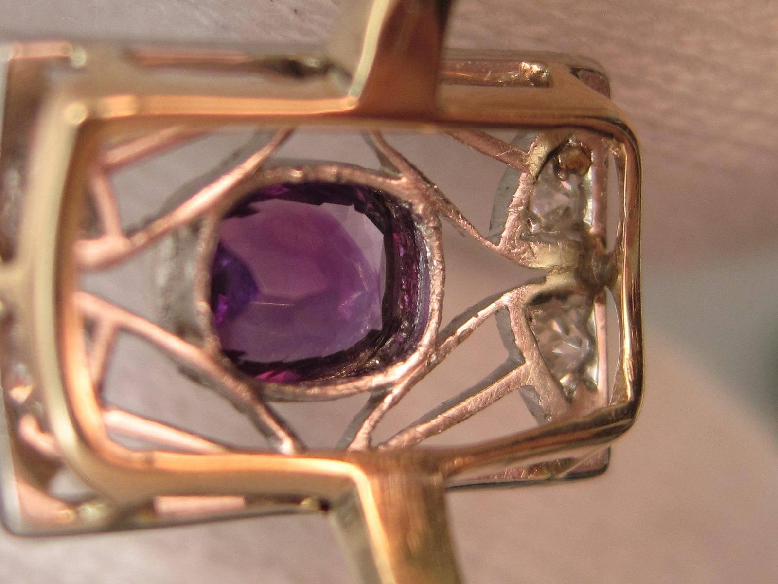 1910s Edwardian Amethyst Old Mine Cut Diamond Gold Platinum Ring  2