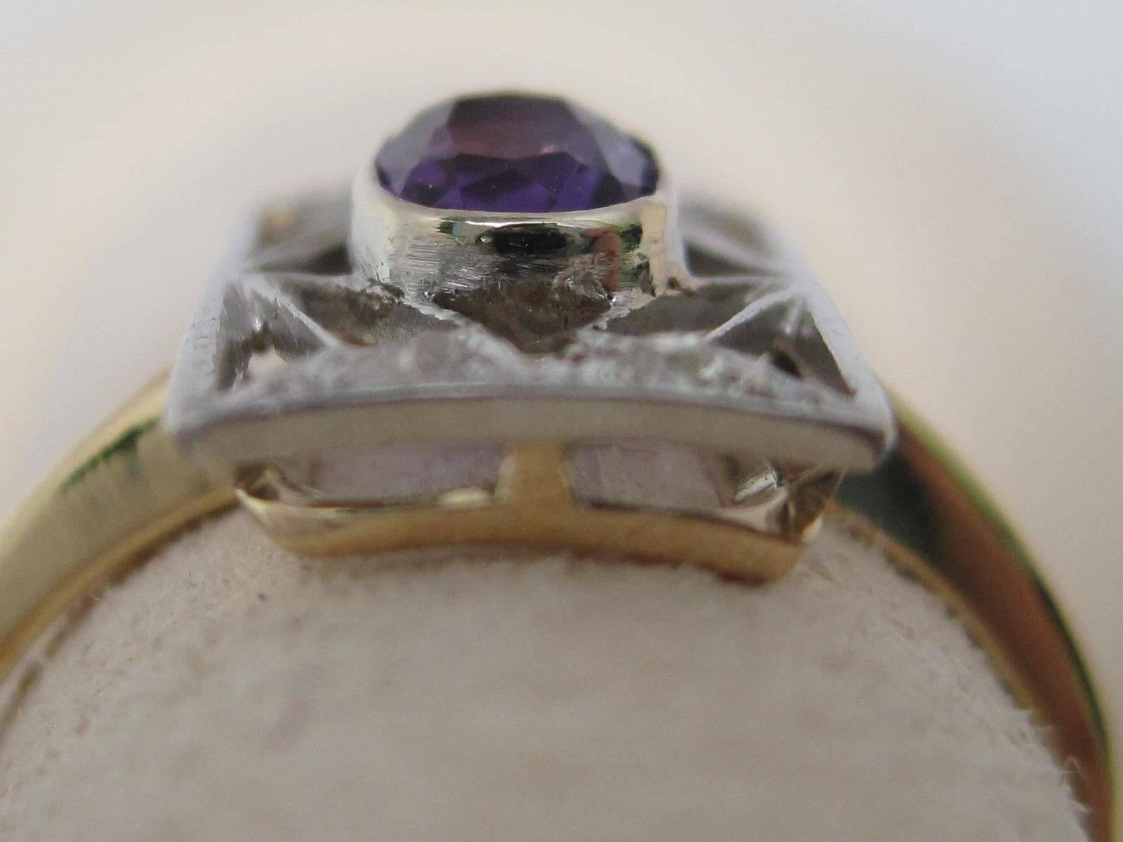 1910s Edwardian Amethyst Old Mine Cut Diamond Gold Platinum Ring  In Excellent Condition In Lexington, KY