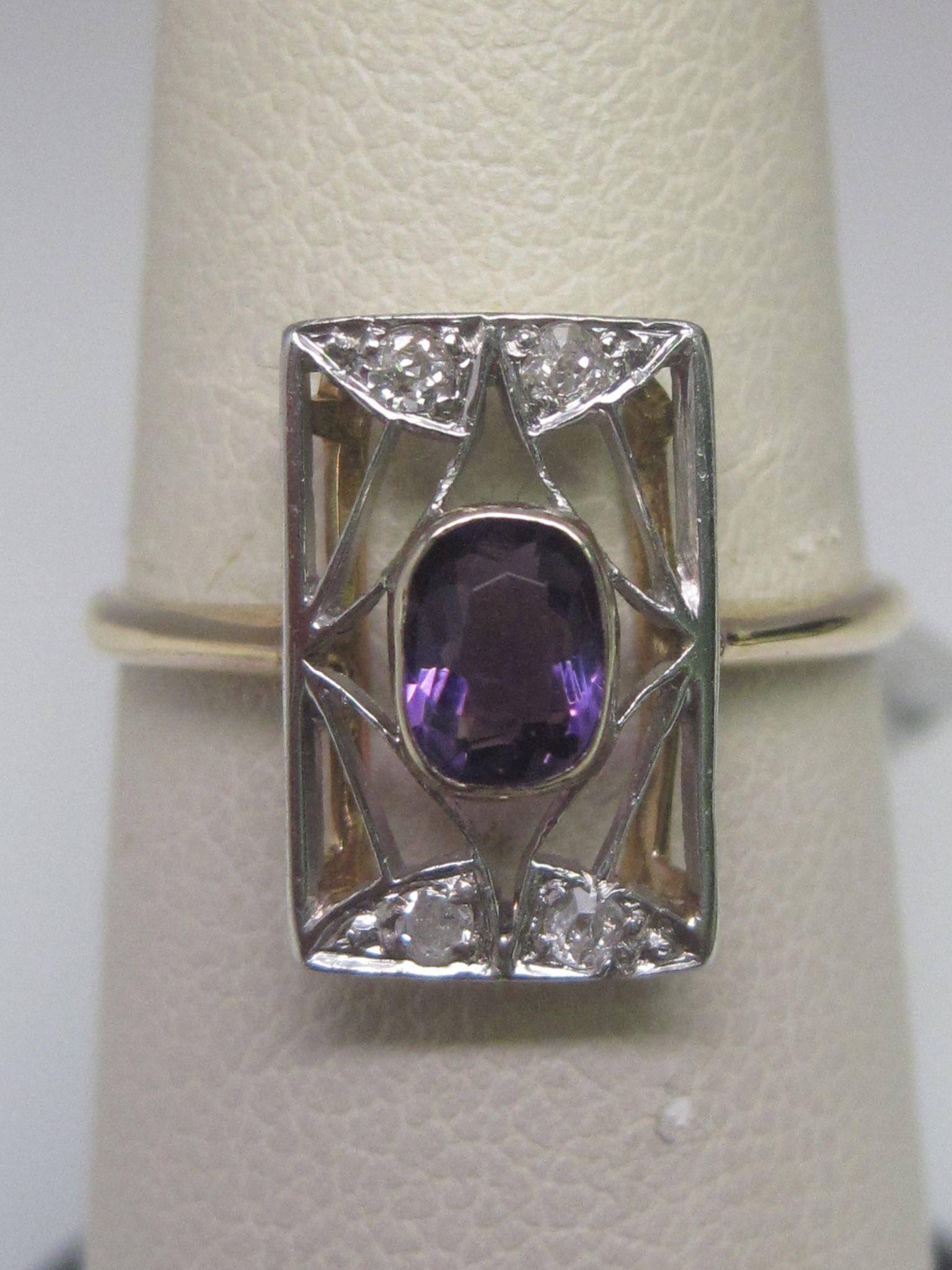 1910s Edwardian Amethyst Old Mine Cut Diamond Gold Platinum Ring  5