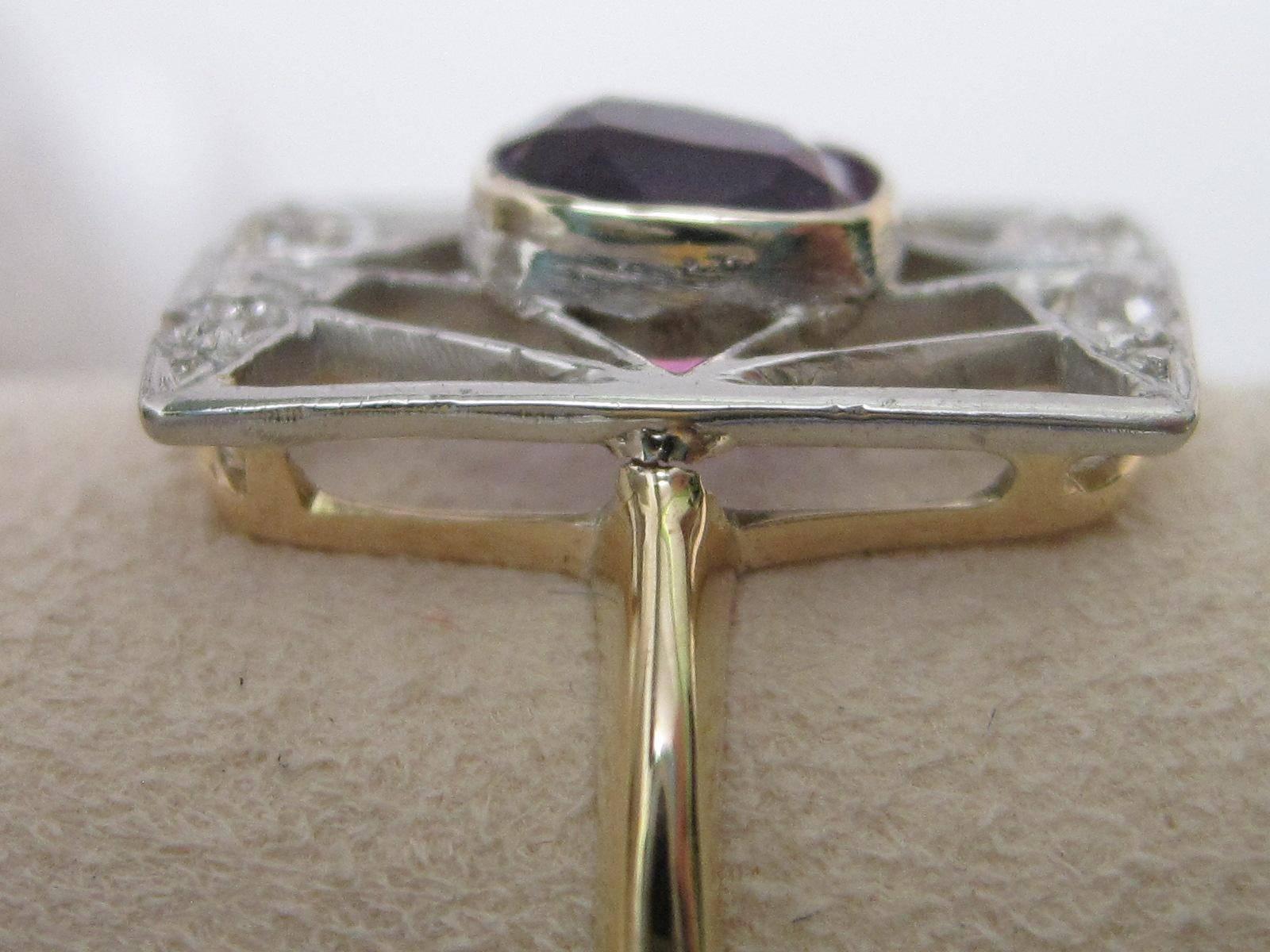Women's 1910s Edwardian Amethyst Old Mine Cut Diamond Gold Platinum Ring 