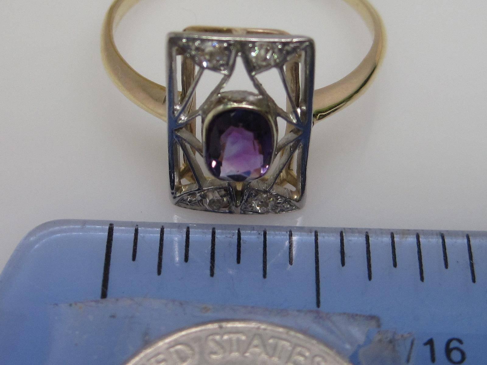 1910s Edwardian Amethyst Old Mine Cut Diamond Gold Platinum Ring  3