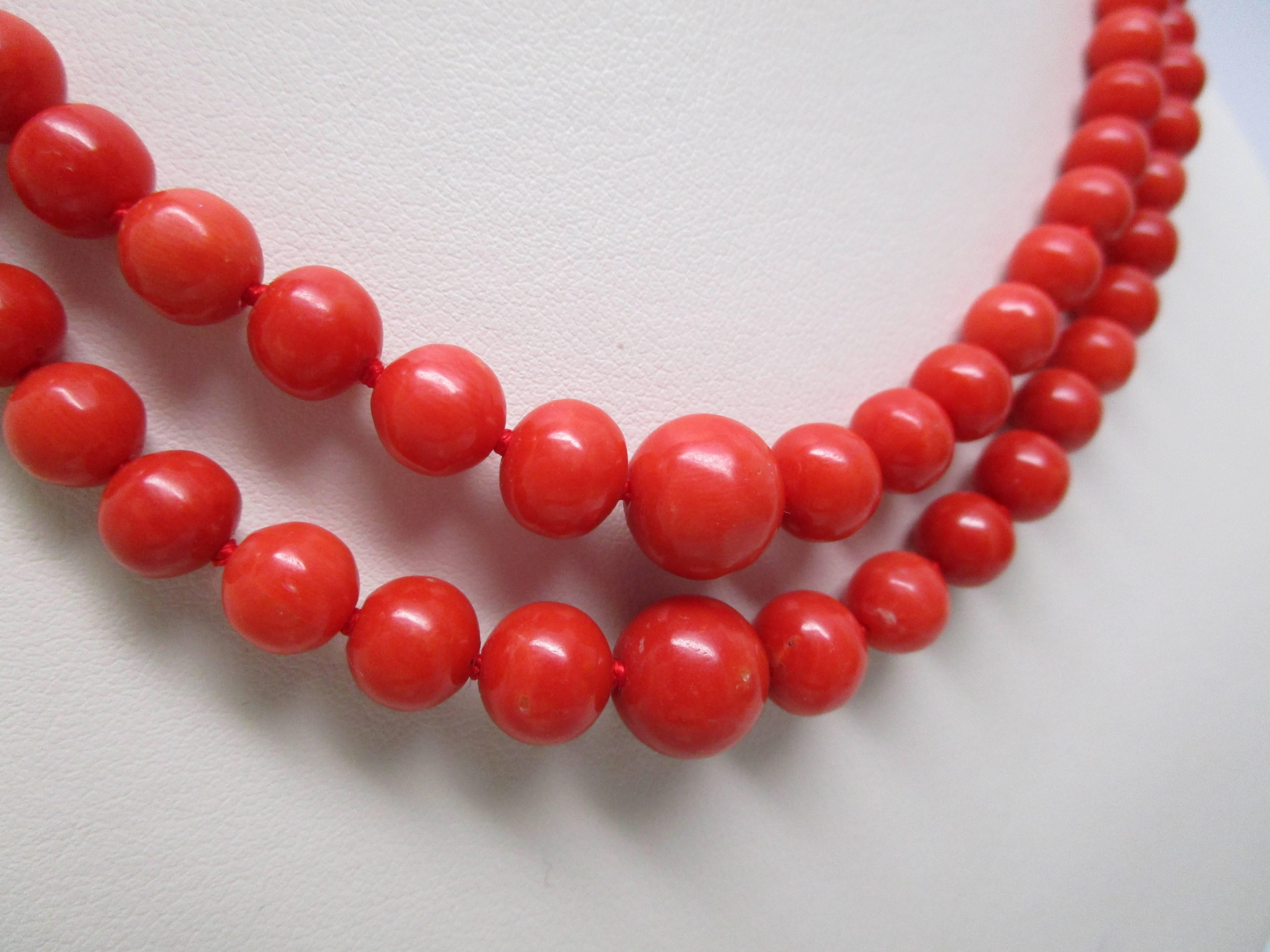 Natural, Undyed Mediterranean Coral Necklace c. 1860 
Mid Victorian

Nestled Double Strand of Coral
Longer Length 87 beads, 23+ inches 
Shorter Length 81 beads, 21.5+  inches

The beads are graduated from 5.0 mm at the smallest to 10.0 mm at
