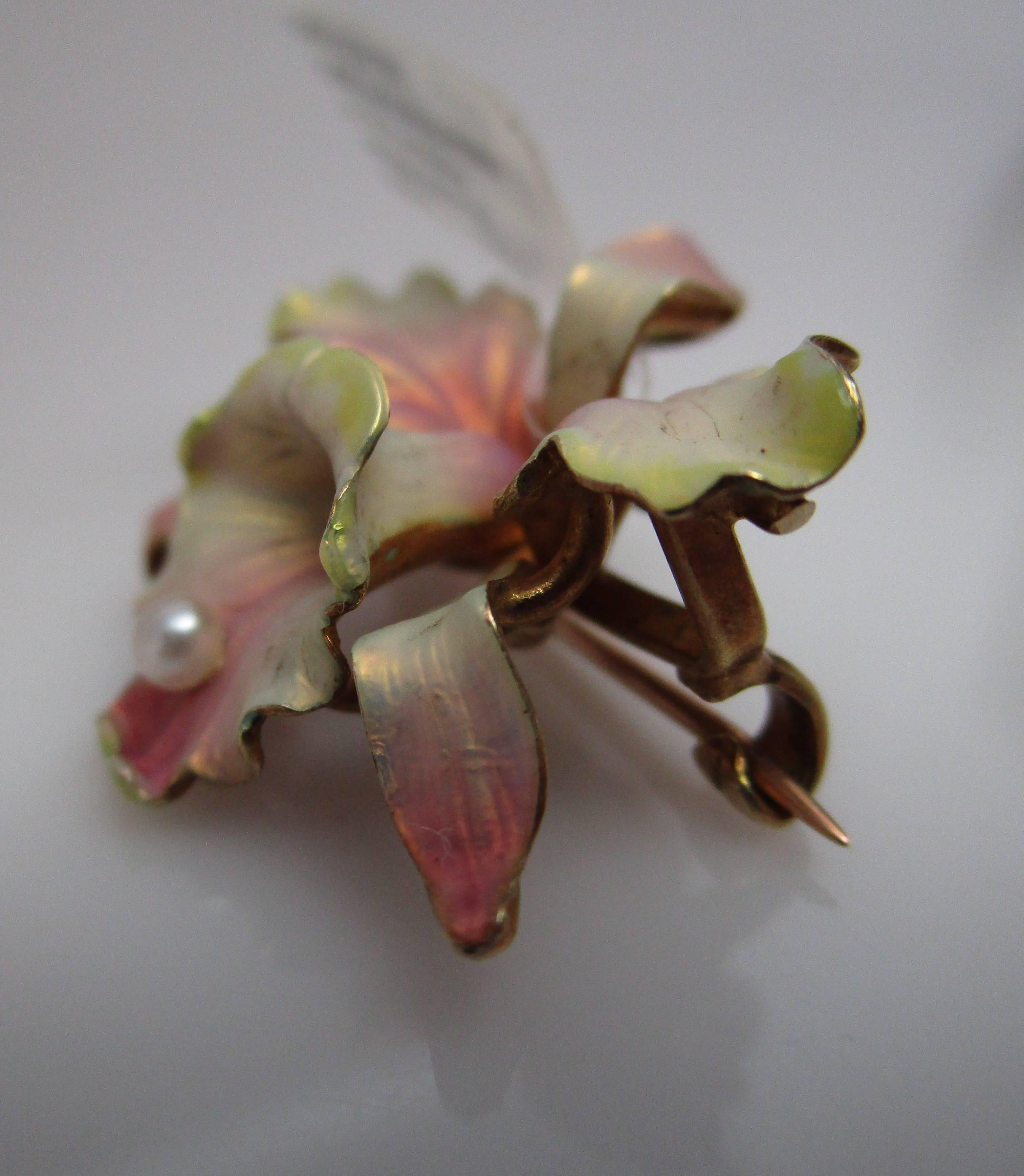 With a delicate flourish, this orchid brooch fades from translucent magenta to olive on the delicate, velvety petals. The lines are so seamless that it looks as though this could be a real orchid. This brooch dates back to around 1900 and has what