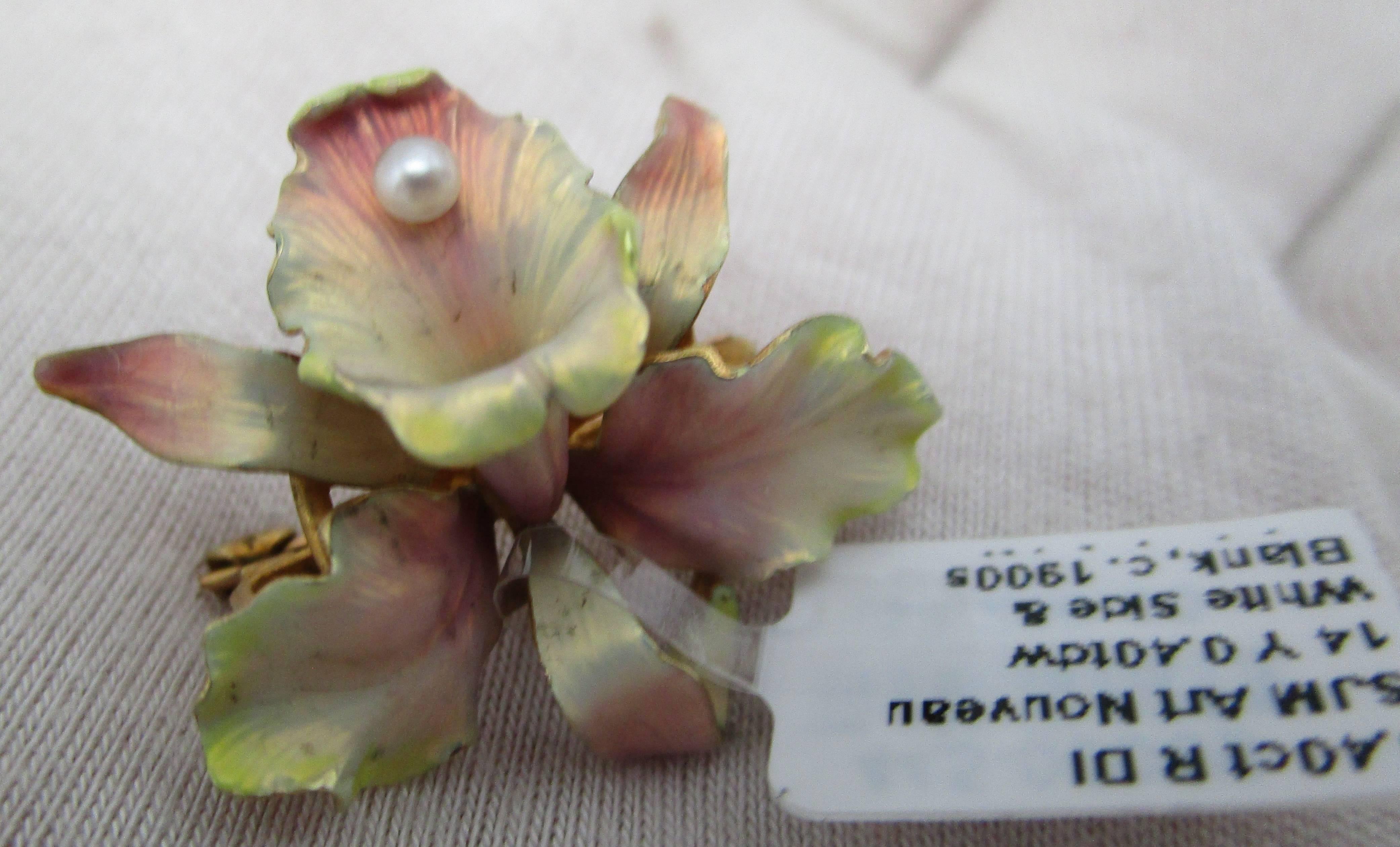 1900s Whiteside y en blanco Art Nouveau Perla 14 Kilates Oro Amarillo Broche Orquídea 2