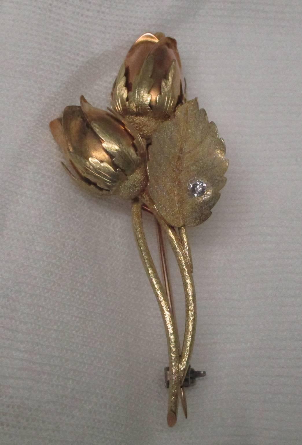 Late Victorian Victorian Gold Platinum and Diamond Rosebud Brooch