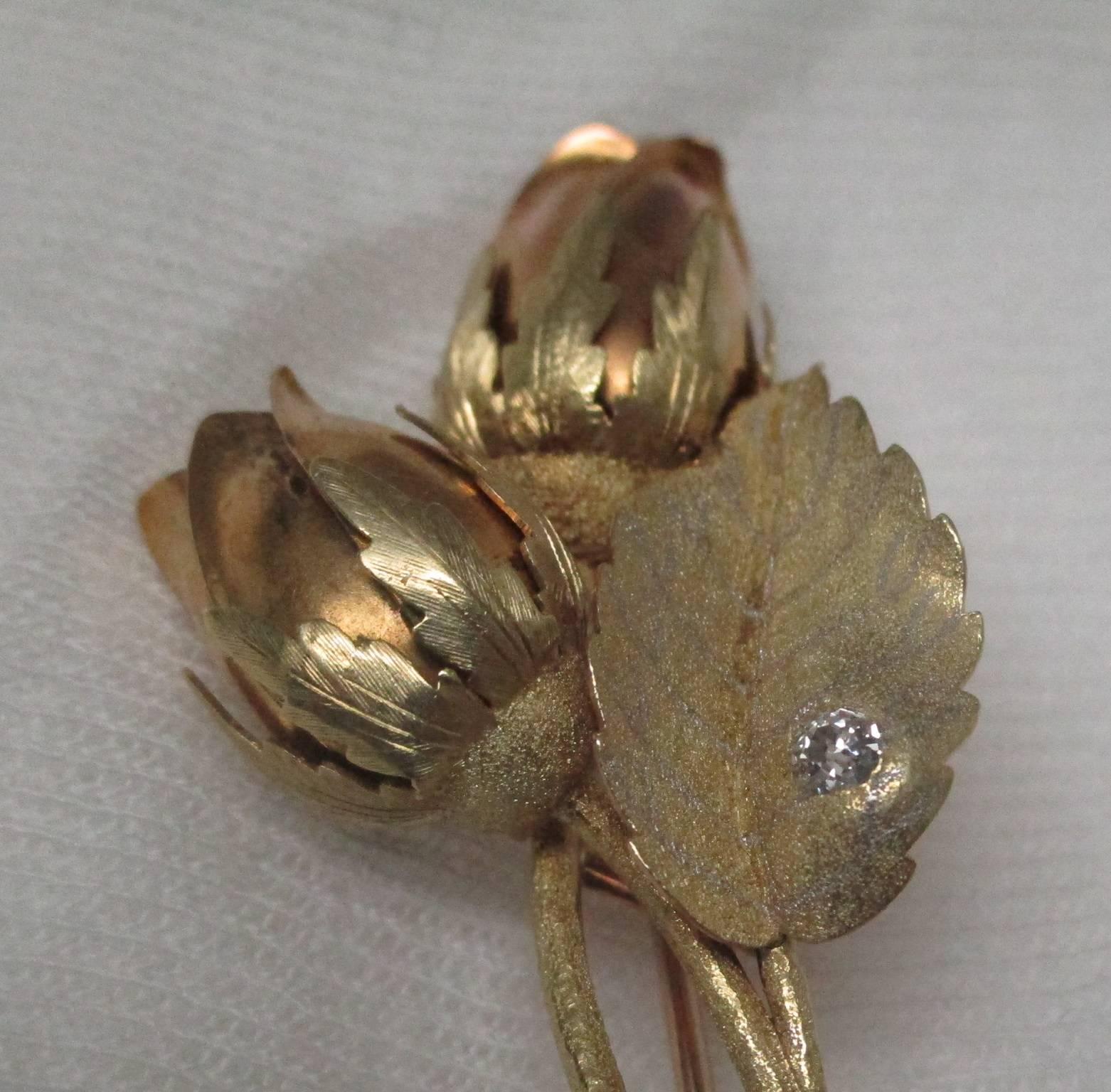 This is an extraordinarily beautiful brooch. It features an unusual use of platinum to trace the veins of the leaf, produced by A. J. Hedges. It will be a sure conversation starter and you will likely be the only person around to have one. The