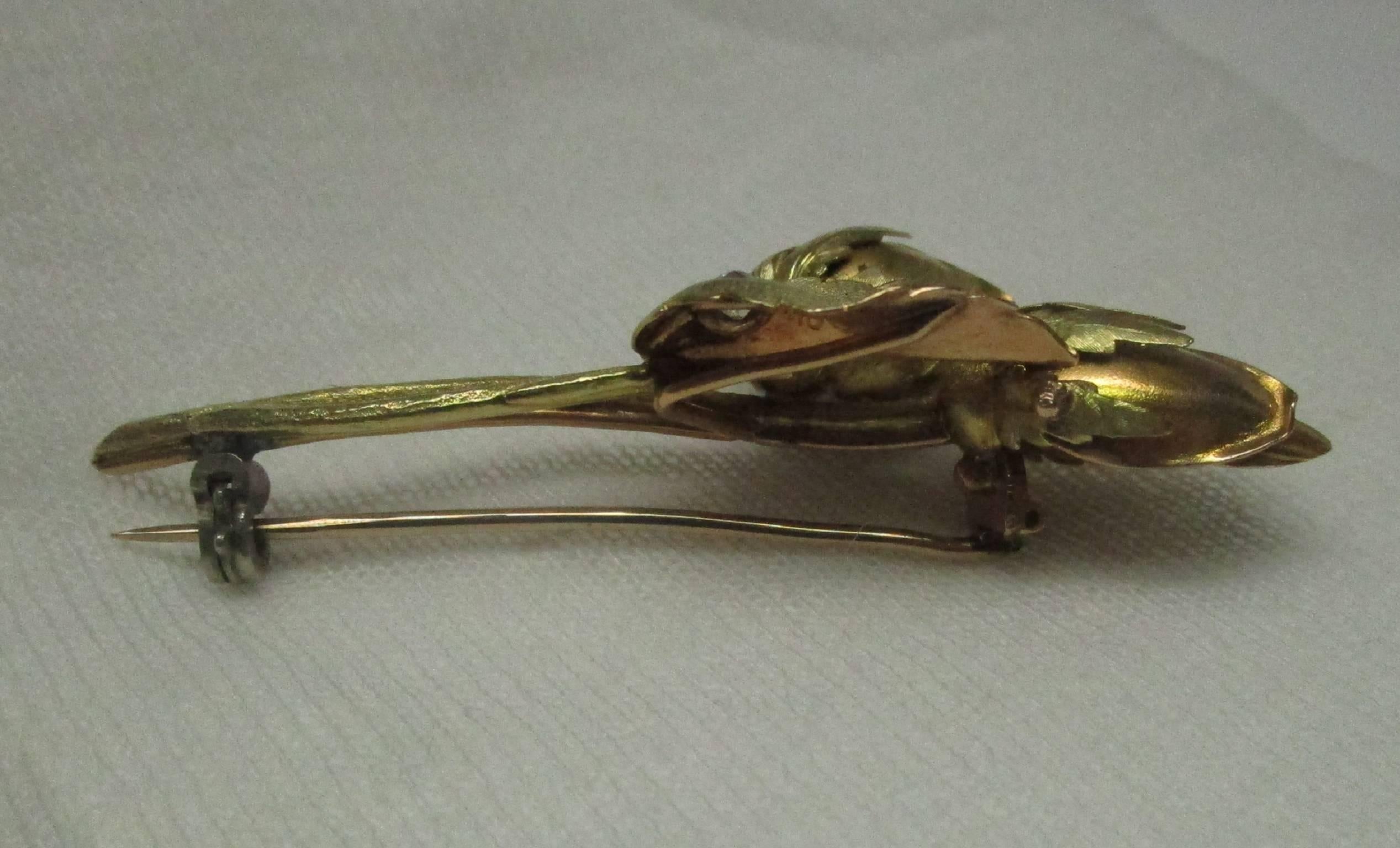 Victorian Gold Platinum and Diamond Rosebud Brooch In Excellent Condition In Lexington, KY