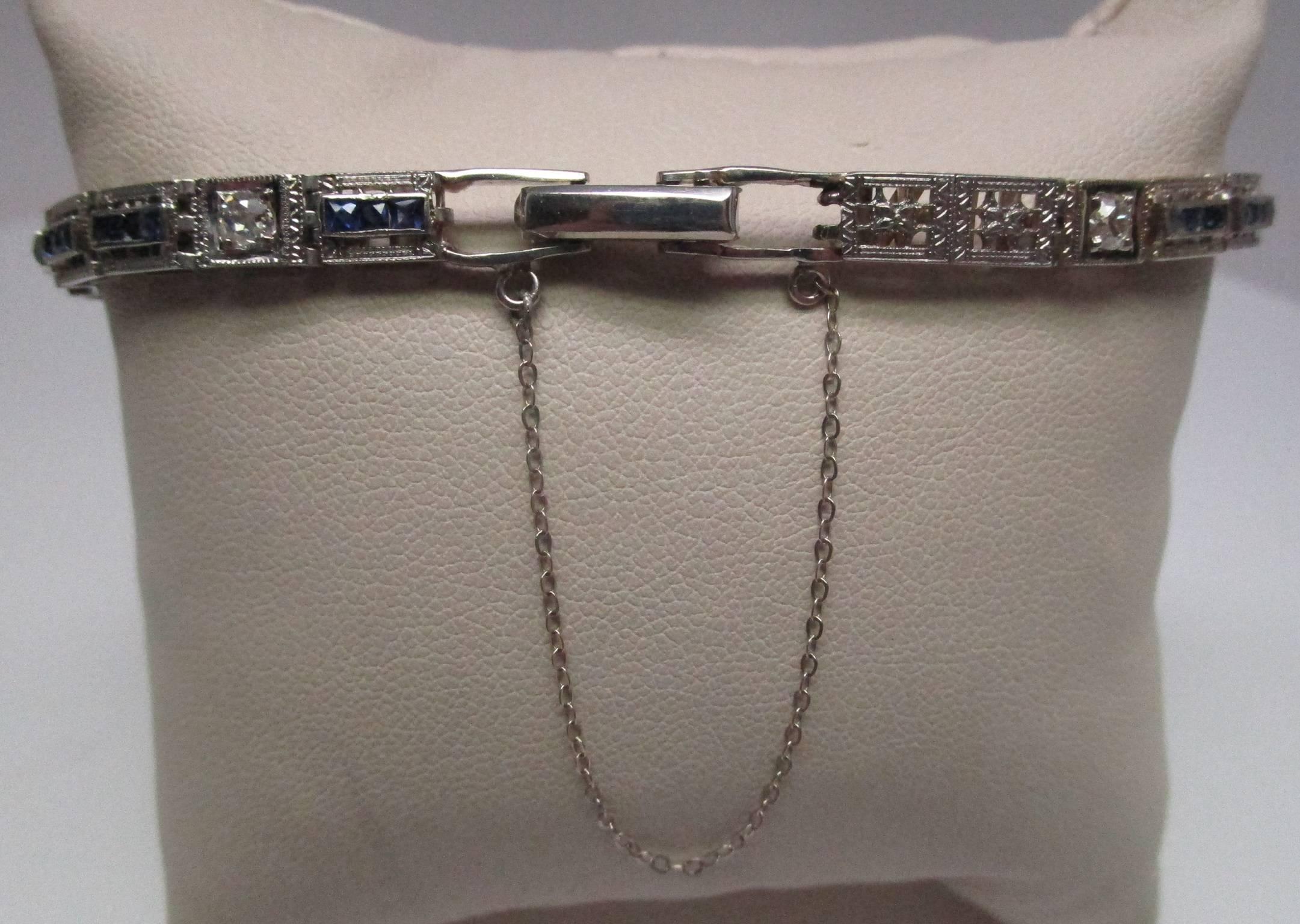 Art Deco Platinum and White Gold Sapphire Diamond Bracelet