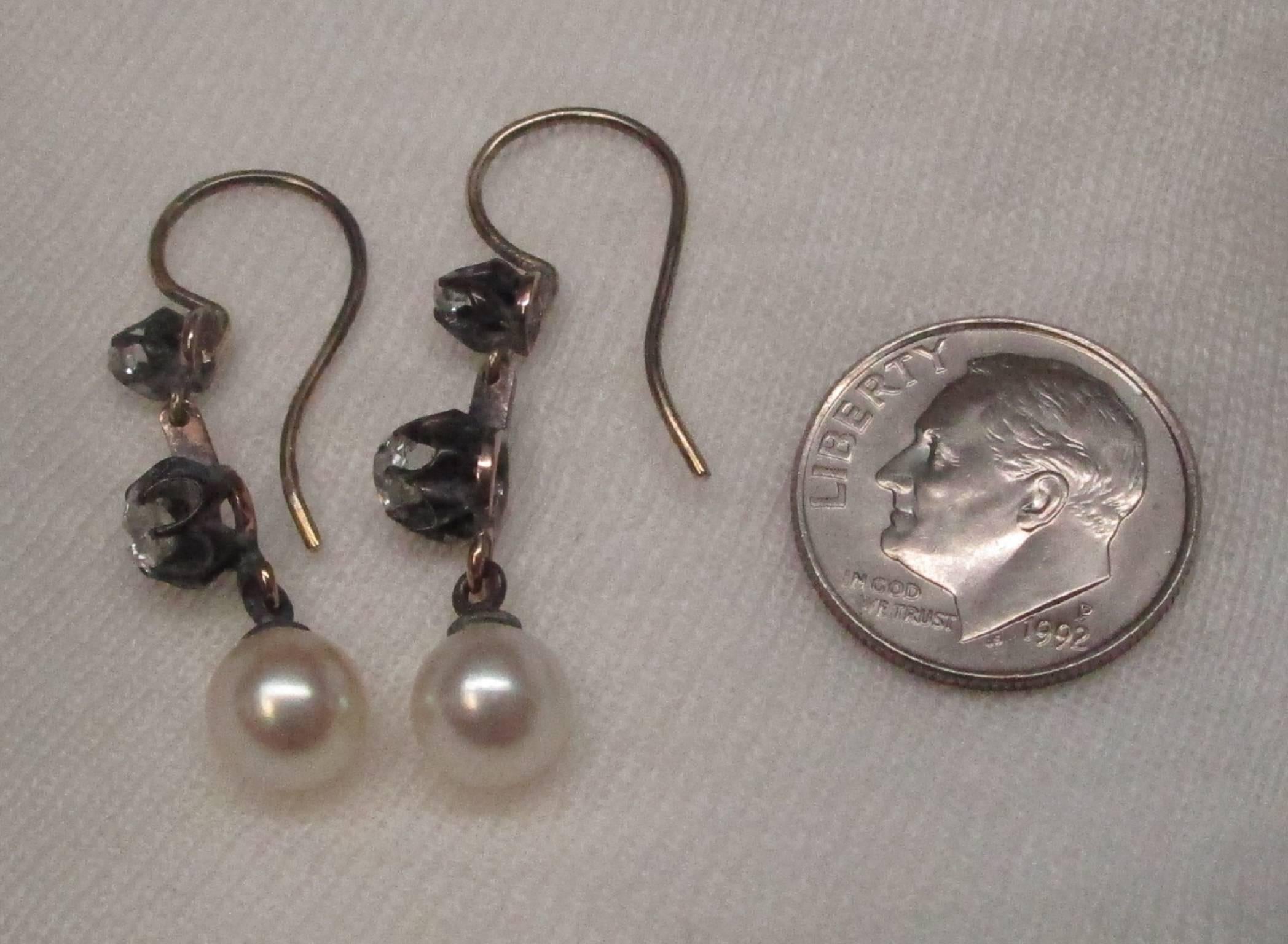 Victorian Silver over Gold Diamond and Pearl Dangle Earrings 2