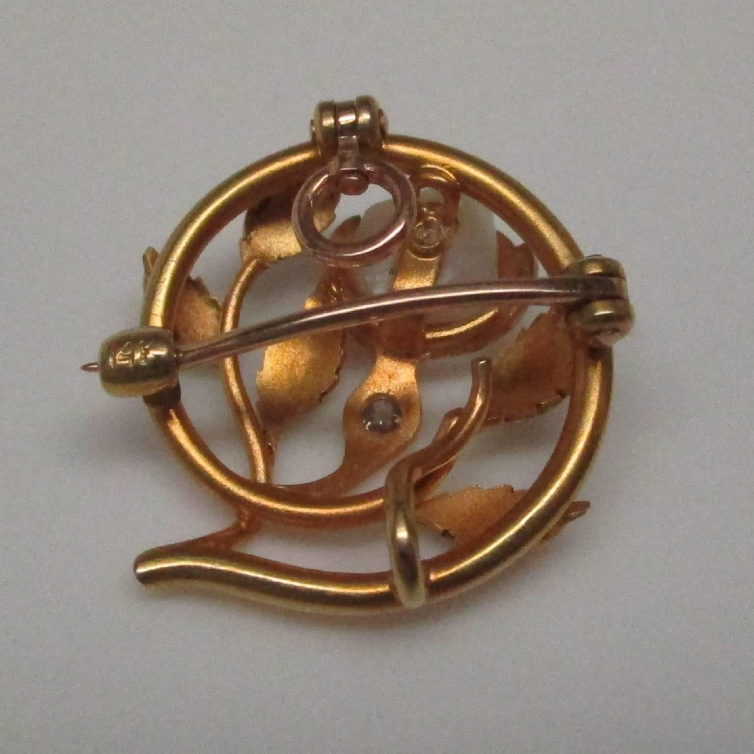 Art Nouveau Natural Pearl Enamel Diamond Gold Pin Pendant In Excellent Condition In Lexington, KY