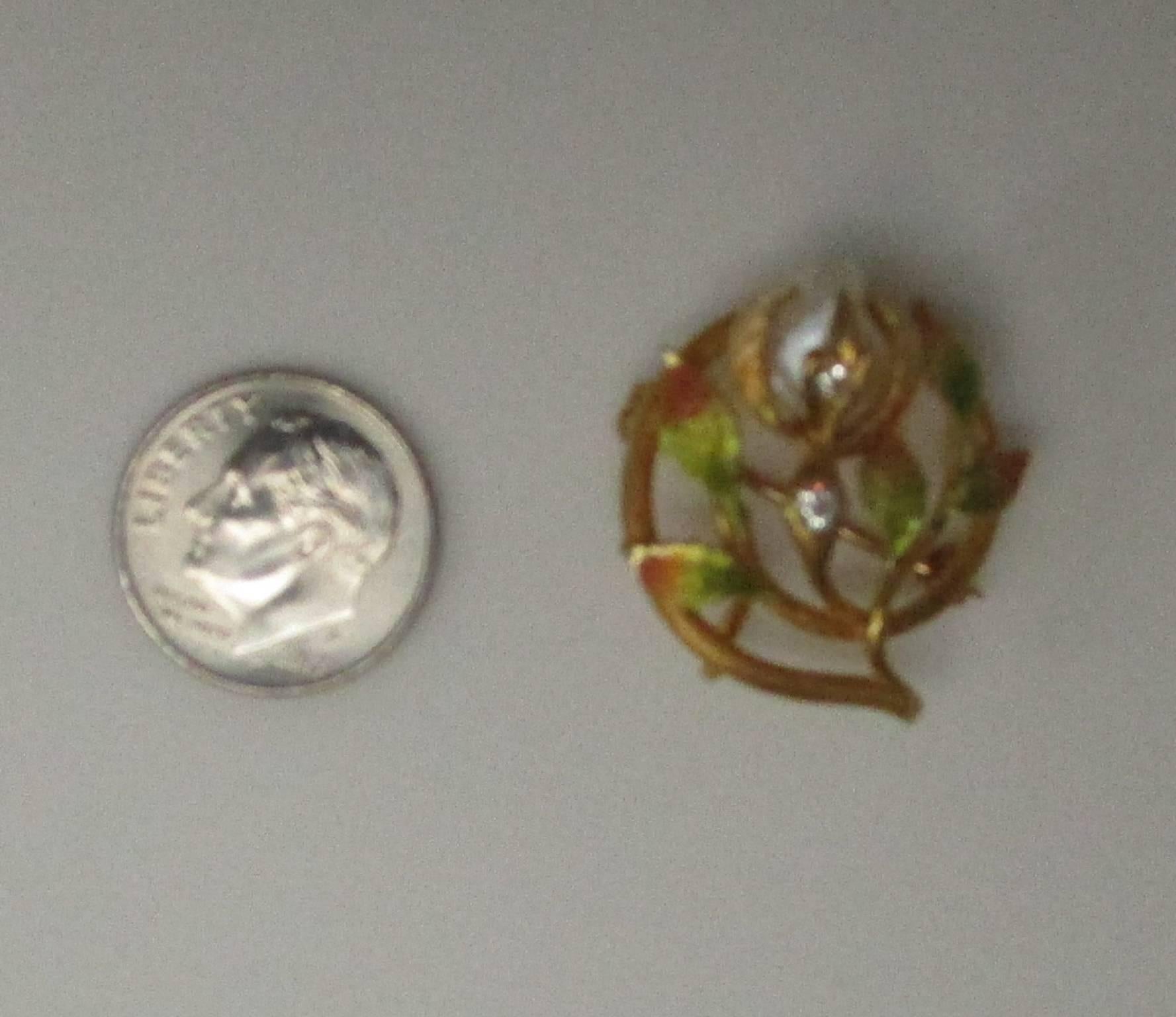 Art Nouveau Natural Pearl Enamel Diamond Gold Pin Pendant 3