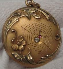 Victorian Gold Filled Spider and Web Diamond Ruby Gold Locket