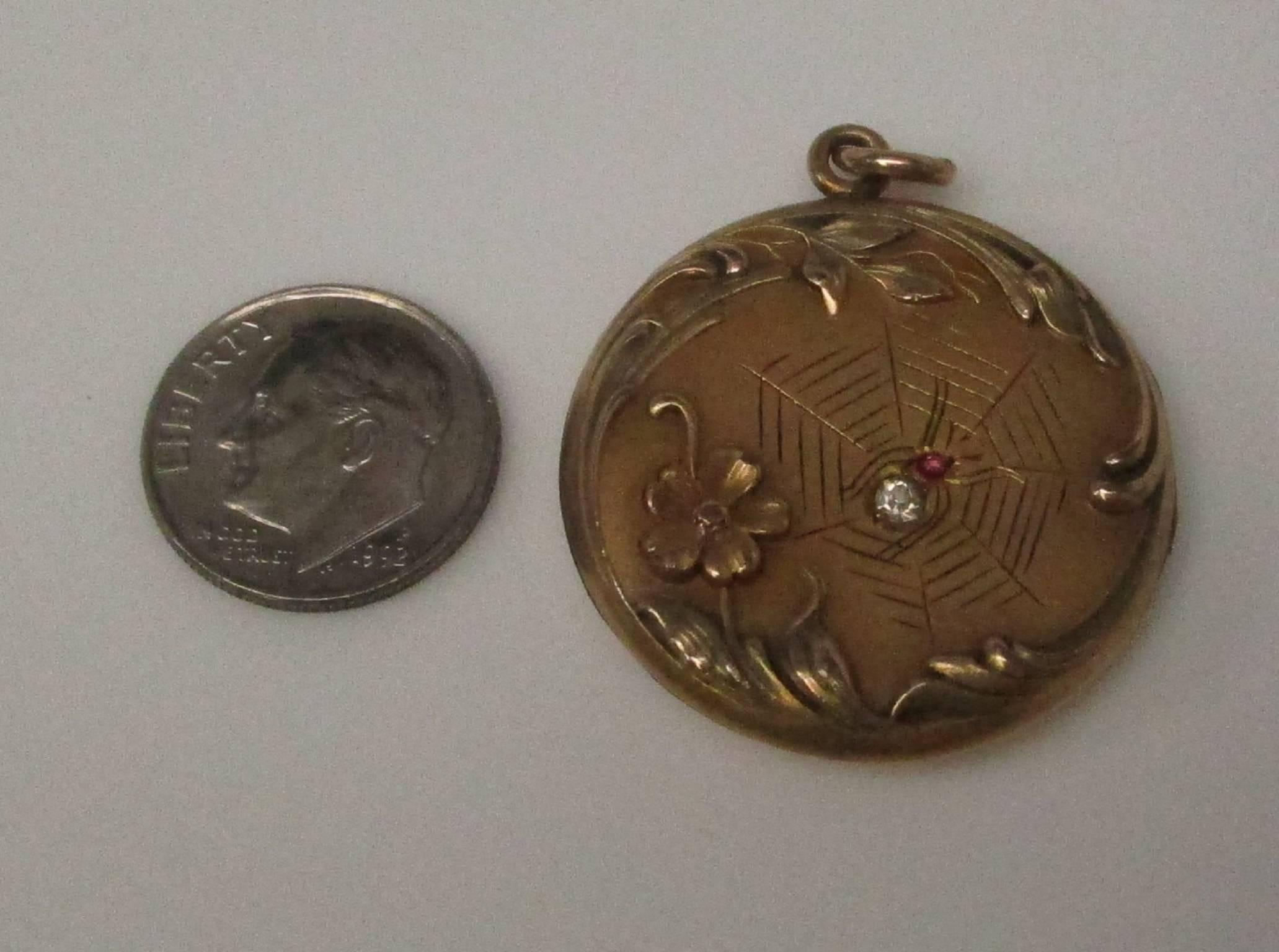Women's or Men's Victorian Gold Filled Spider and Web Diamond Ruby Gold Locket
