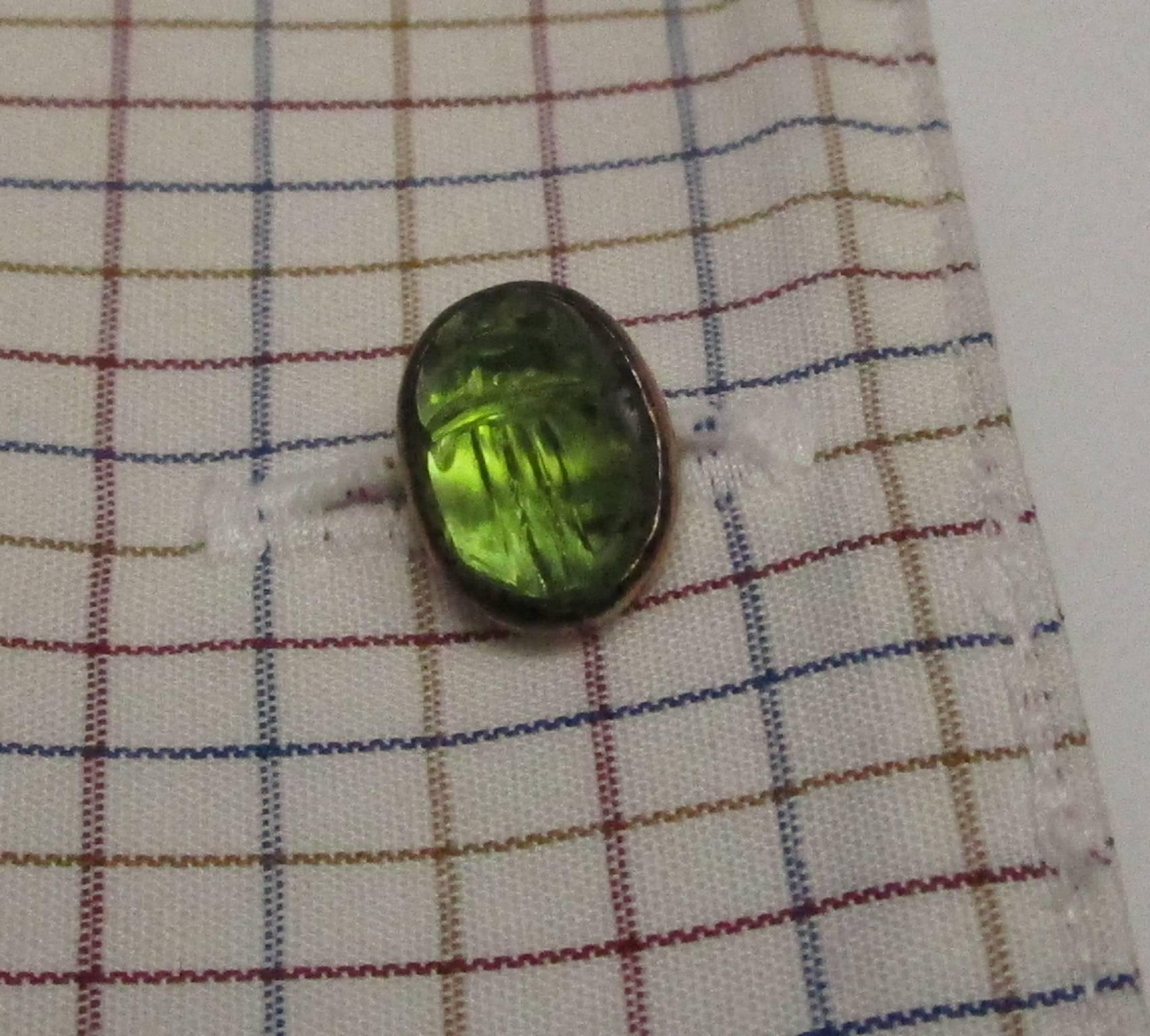 Victorian Egyptian Revival Moldavite Scarab Gold Cufflinks In Excellent Condition In Lexington, KY