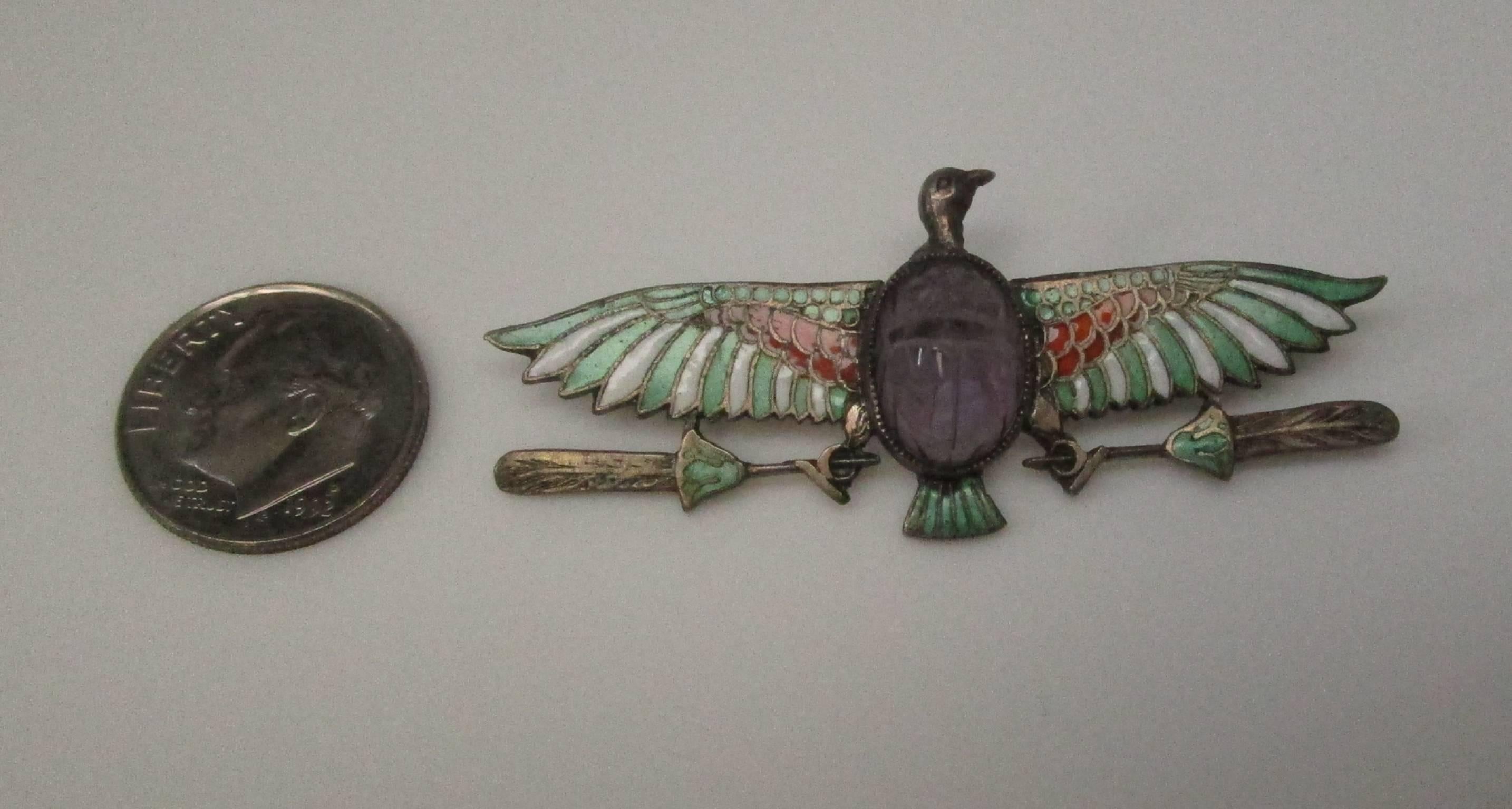 Egyptian Revival Silver Enamel Amethyst Eagle Pin 3