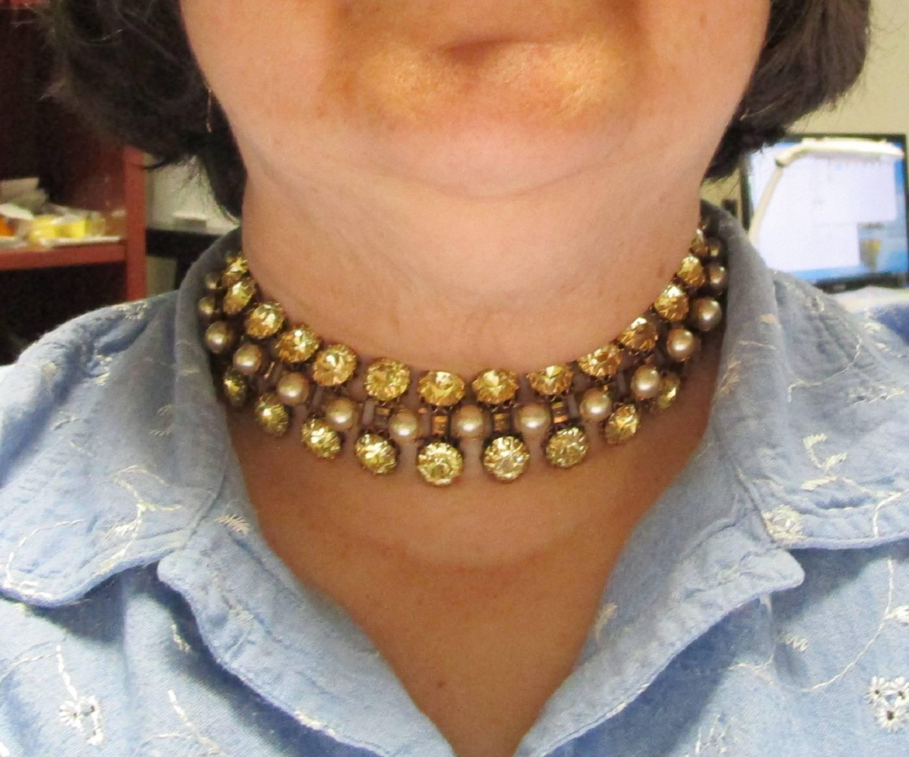 Schreiner Deco Rhinestone Pearl Costume Choker Necklace In Excellent Condition In Lexington, KY