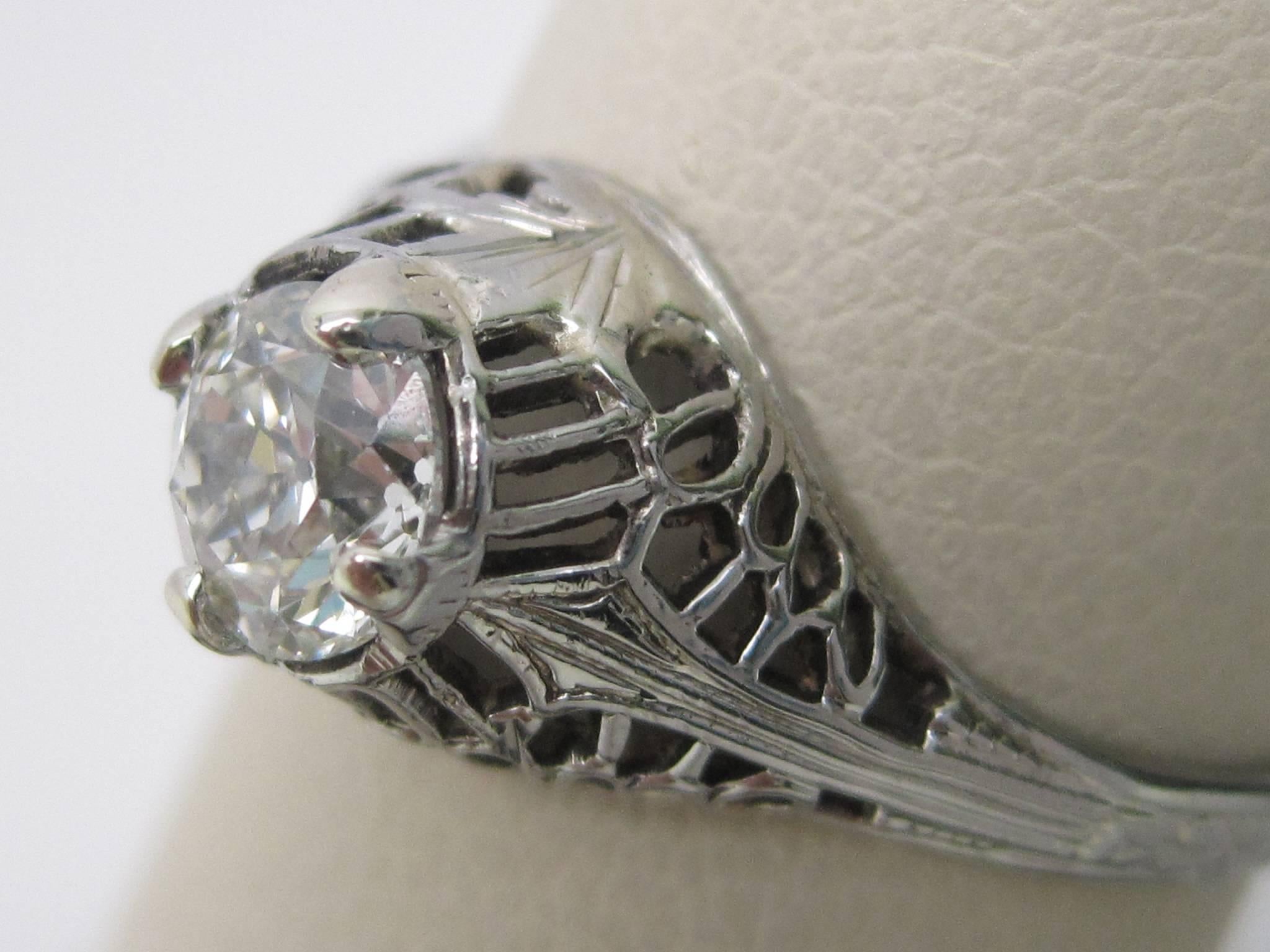 Old European Cut Art Deco 18 Karat White Gold Old Euro Cut Diamond Ring with GIA Report For Sale