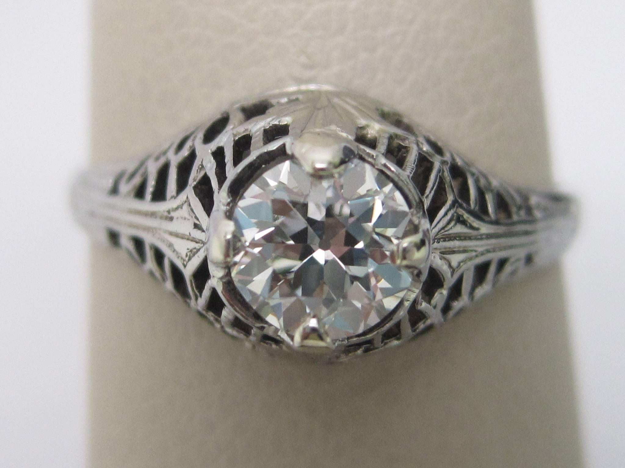 Art Deco 18 Karat White Gold Old Euro Cut Diamond Ring with GIA Report For Sale 1