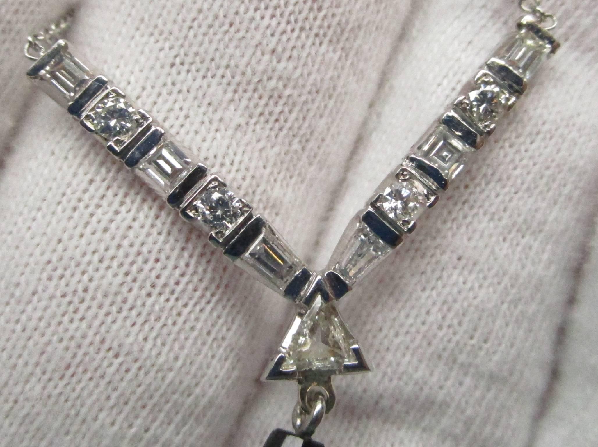 Briolette Cut Art Deco Platinum Diamond Black Onyx Drop Necklace