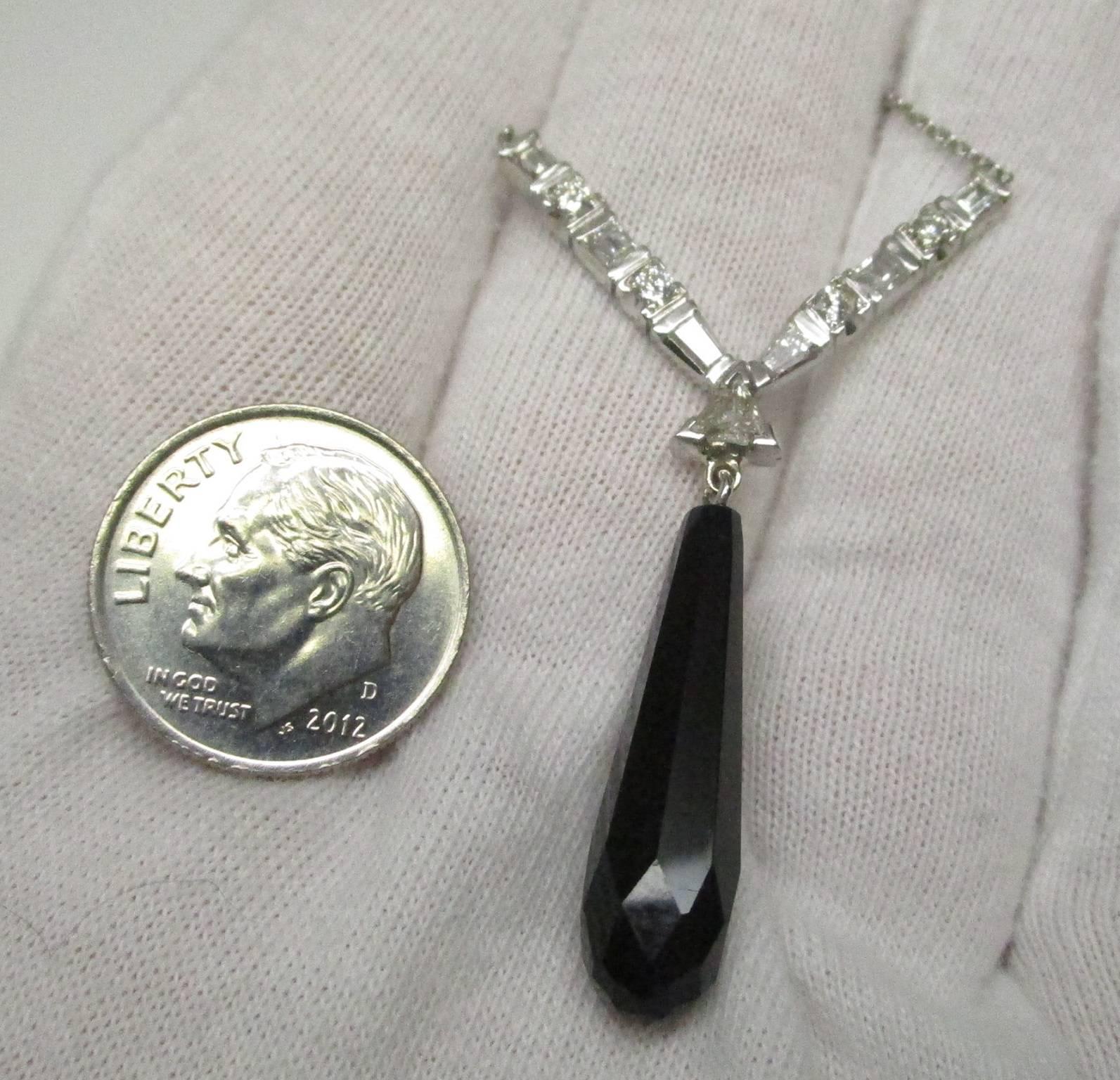 Art Deco Platinum Diamond Black Onyx Drop Necklace 3