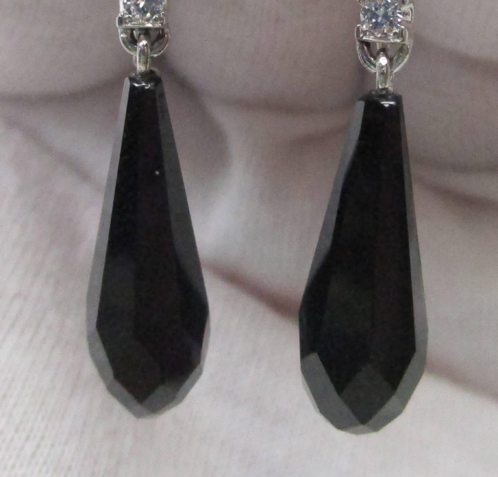 Women's Art Deco Platinum Diamond Black Onyx Drop Earrings