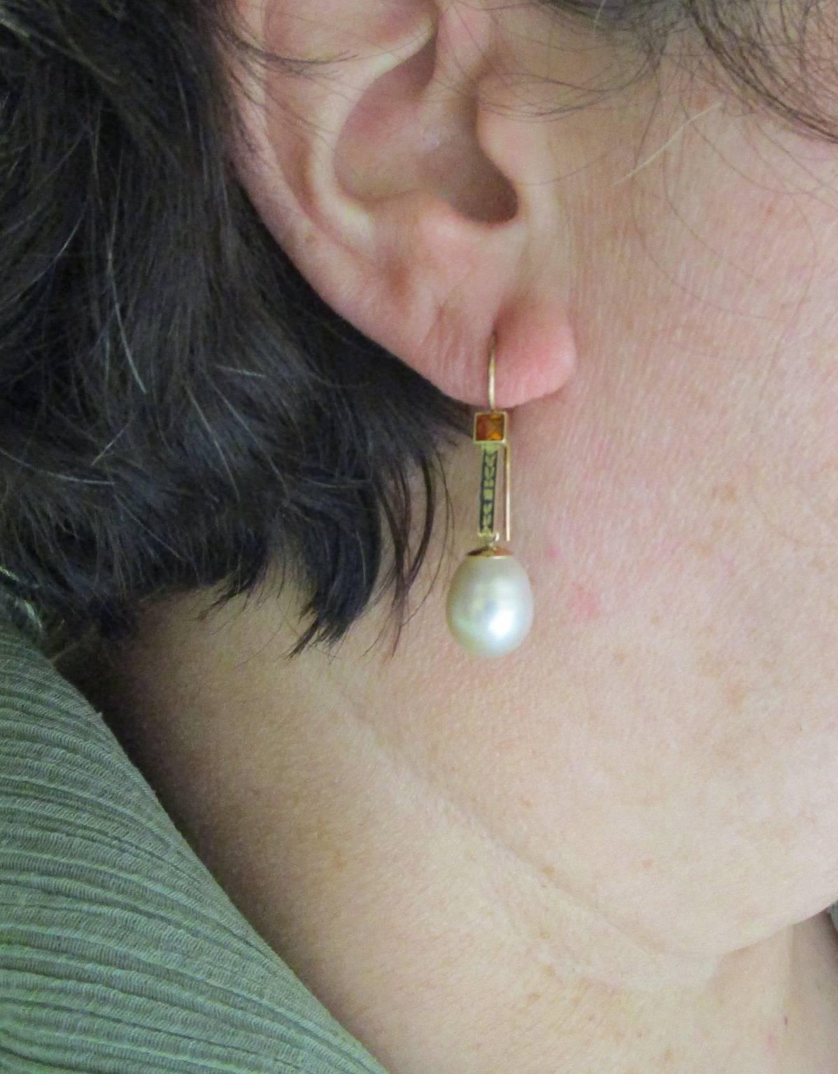 Art Deco Gold Enamel Citrine Pearl Drop Earrings 2