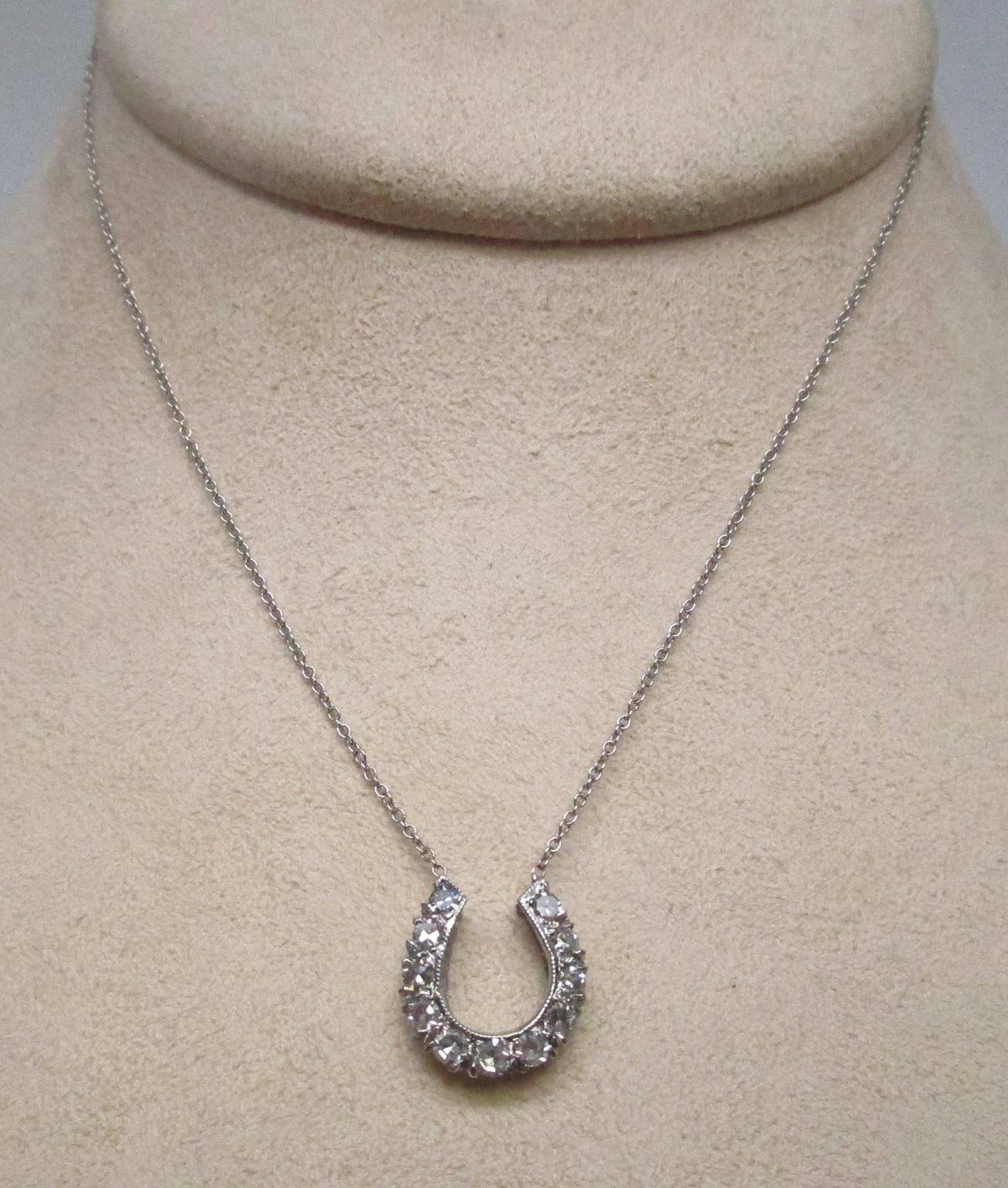 This is your lucky day! You could own this shimmering horseshoe made of 14K white gold and a half carat of diamonds. One can never have too much luck and this will hold a lot. It is made so the luck won't just run out, turned up. This would make a