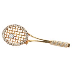 Handmade 18k Yellow Gold Diamond Tennis Racket Pendant/Pin