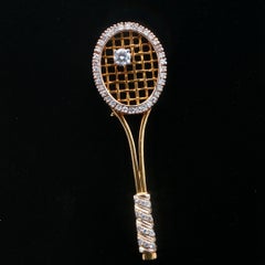 Handmade 18k Yellow Gold Diamond Tennis Racket Pendant/Pin
