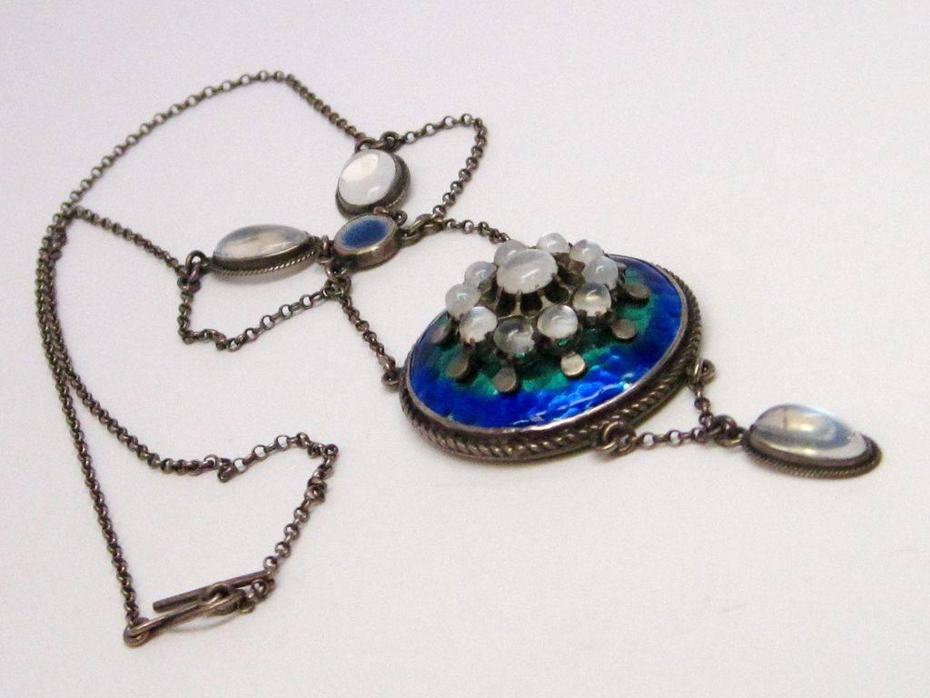 Arts and Crafts Handmade Multicolor Enamel Moonstone Silver Necklace In Excellent Condition In Lexington, KY