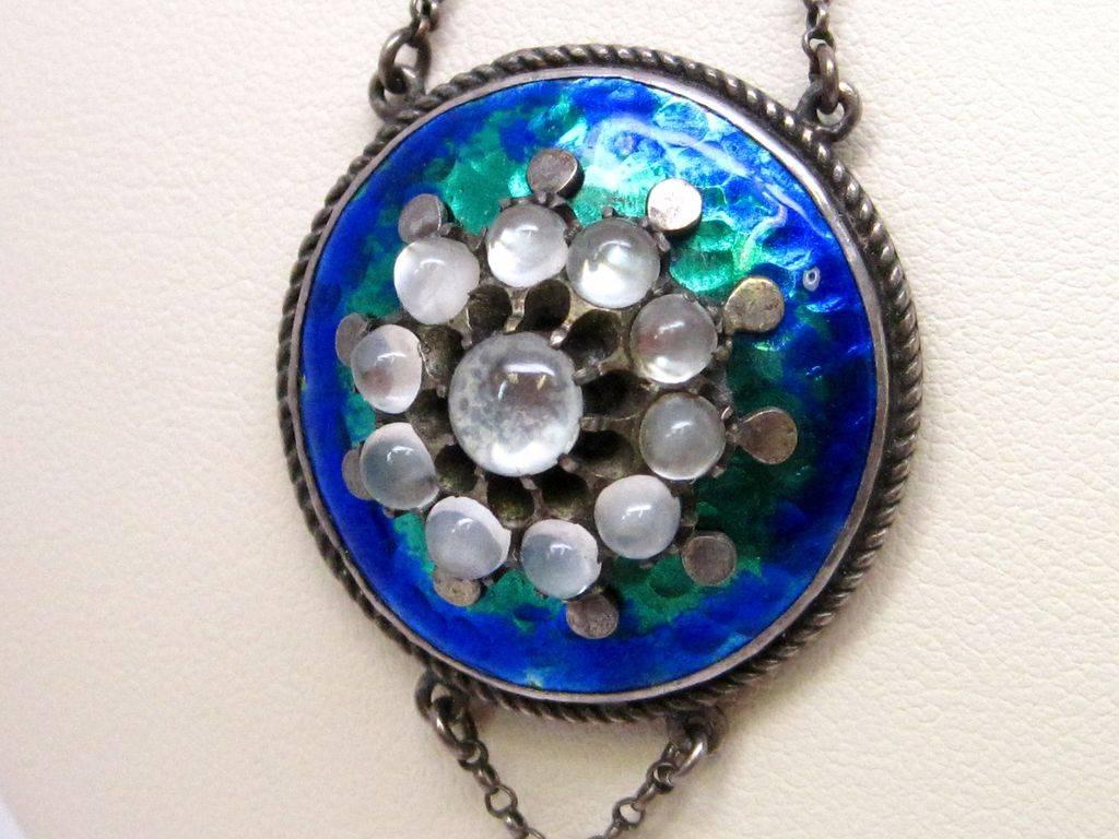 Arts and Crafts Handmade Multicolor Enamel Moonstone Silver Necklace 1