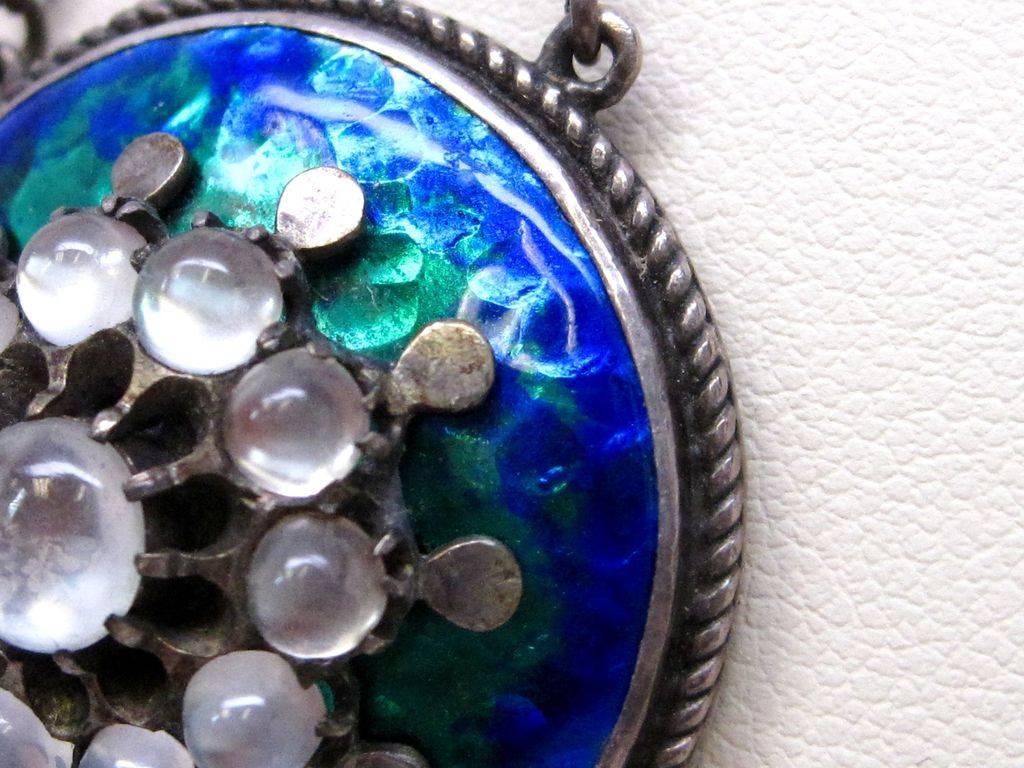 Arts and Crafts Handmade Multicolor Enamel Moonstone Silver Necklace 4
