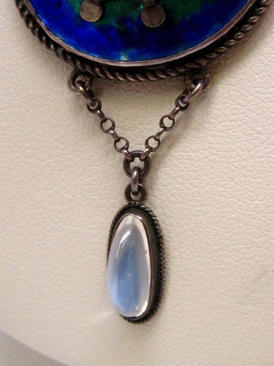 Arts and Crafts Handmade Multicolor Enamel Moonstone Silver Necklace 3