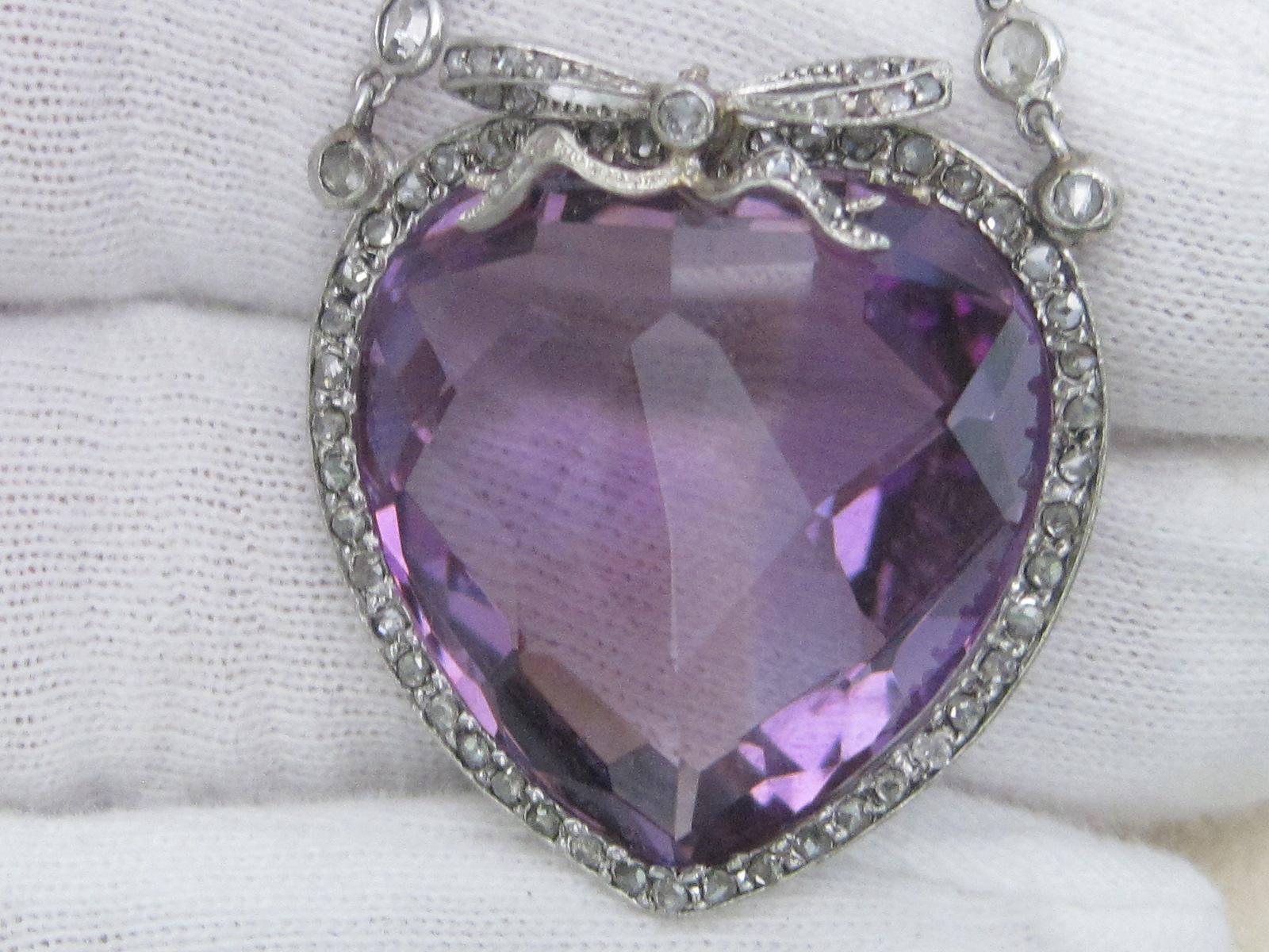 Edwardian 33.12 Carat Heart Shaped Amethyst Diamond Platinum Pendant and Chain